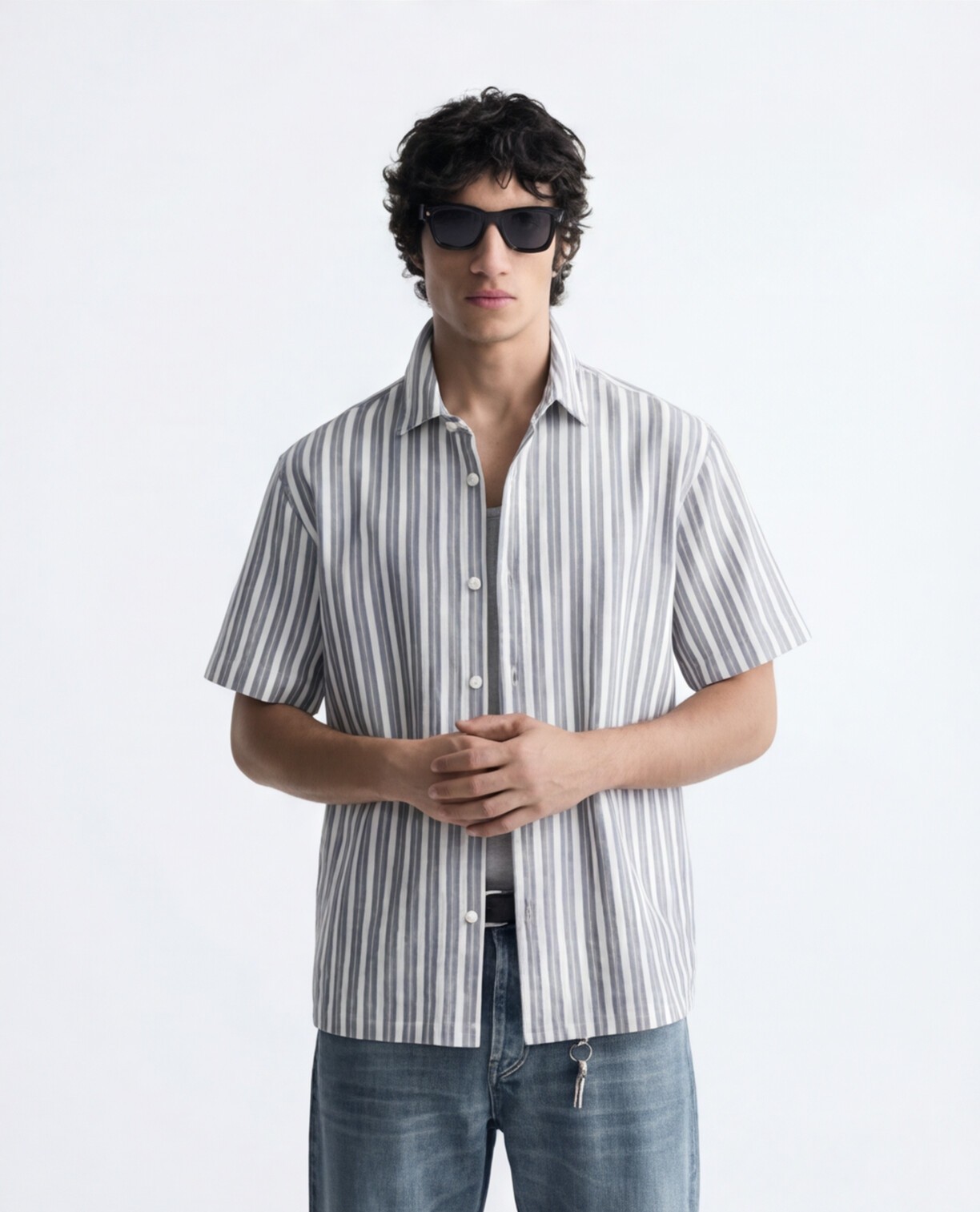 Grey Striped Shirt with Relaxed Blue Denim