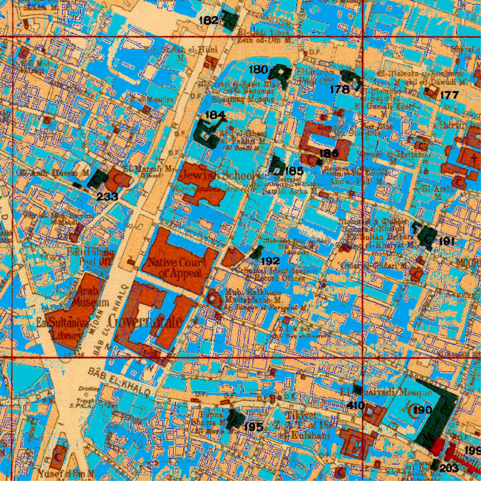 a city blueprint in a bird eye's view, with beige streets, teal buildings (some o the buildings are a dark red color)