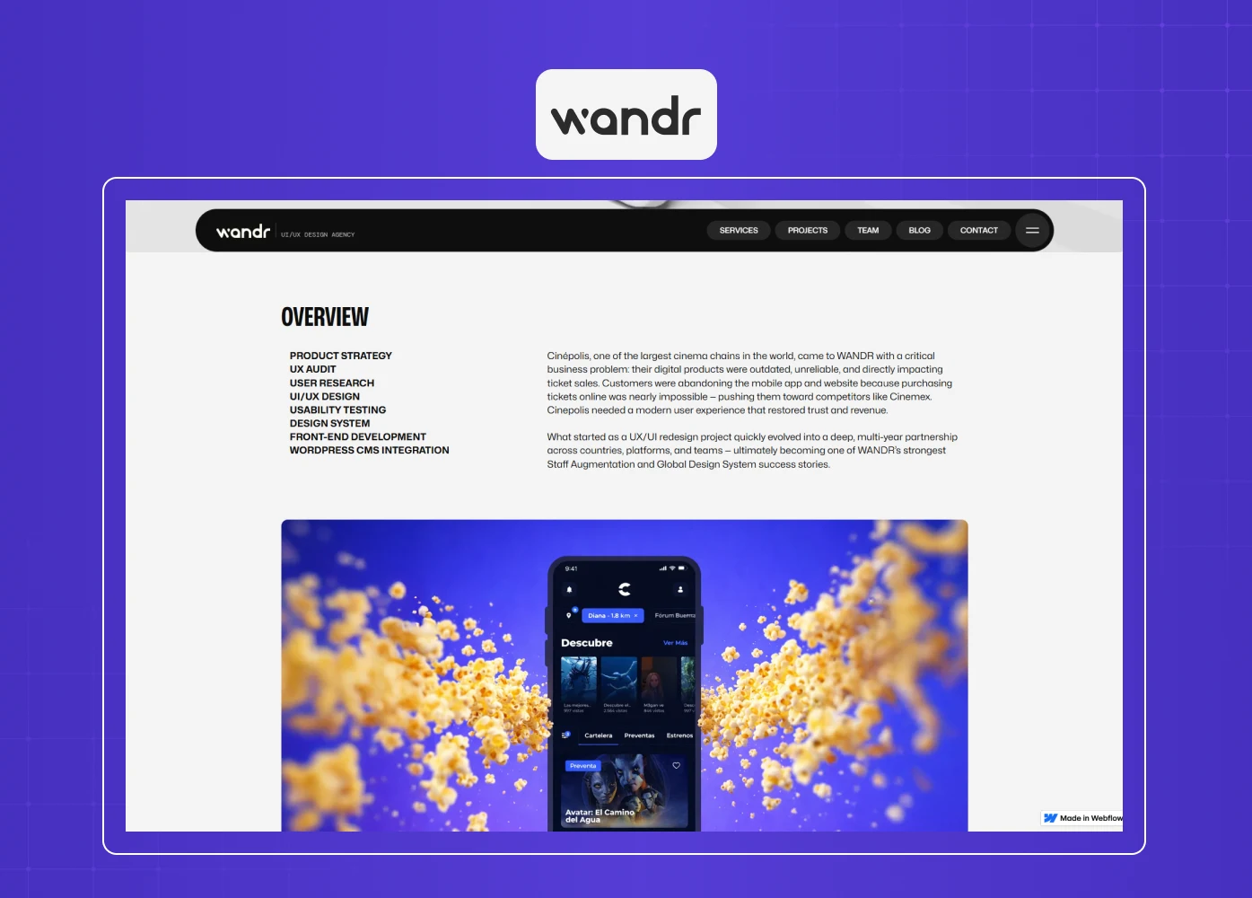 Portfolio case study page from Wandr featuring UX strategy and cinema app design visuals.