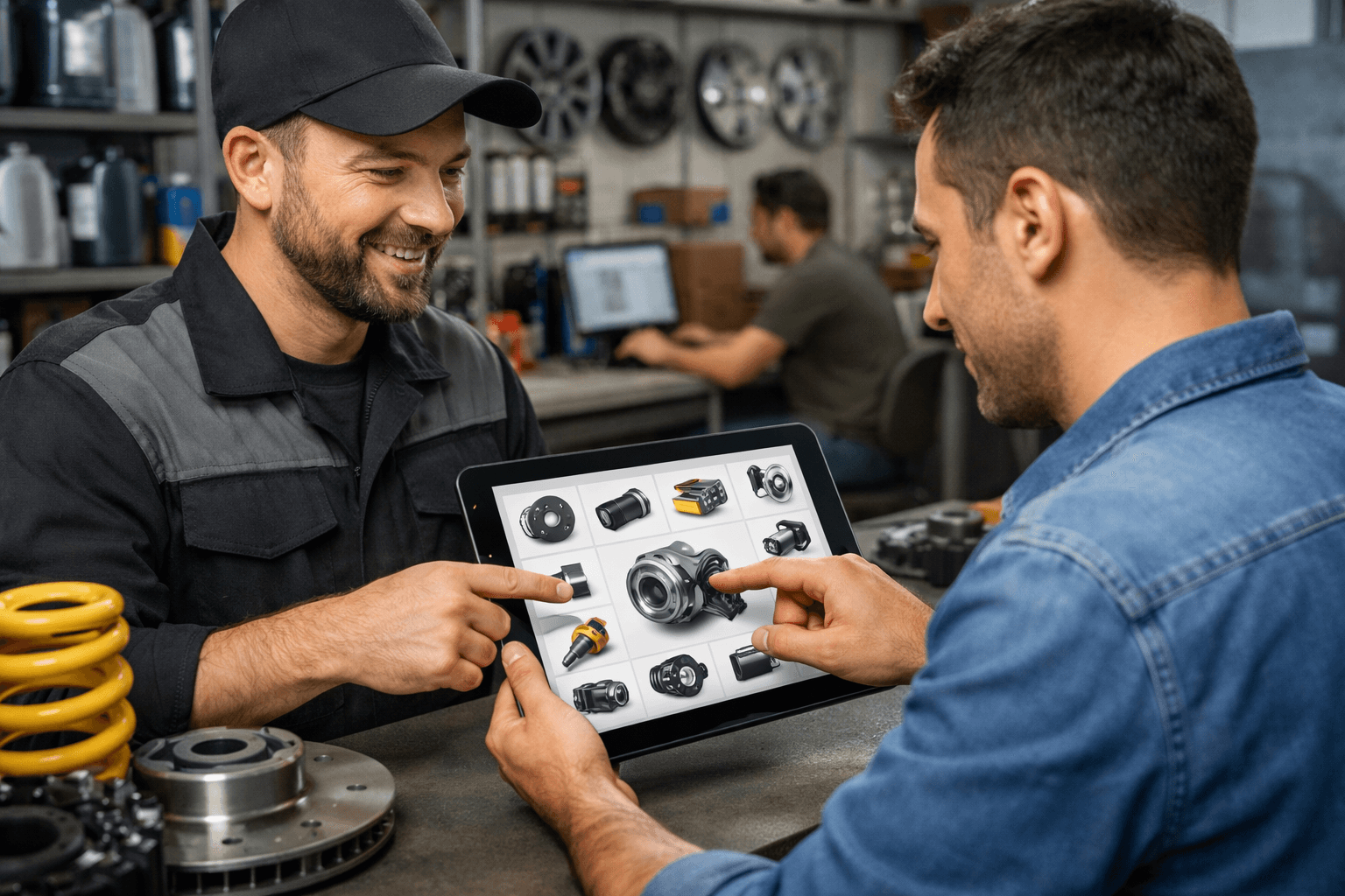 Vendedor de autopeças em pequena empresa utilizando catálogo digital em tablet para apresentar produtos automotivos a cliente, com prateleiras de peças ao fundo, representando digitalização de vendas e modernização no setor de autopeças B2B.