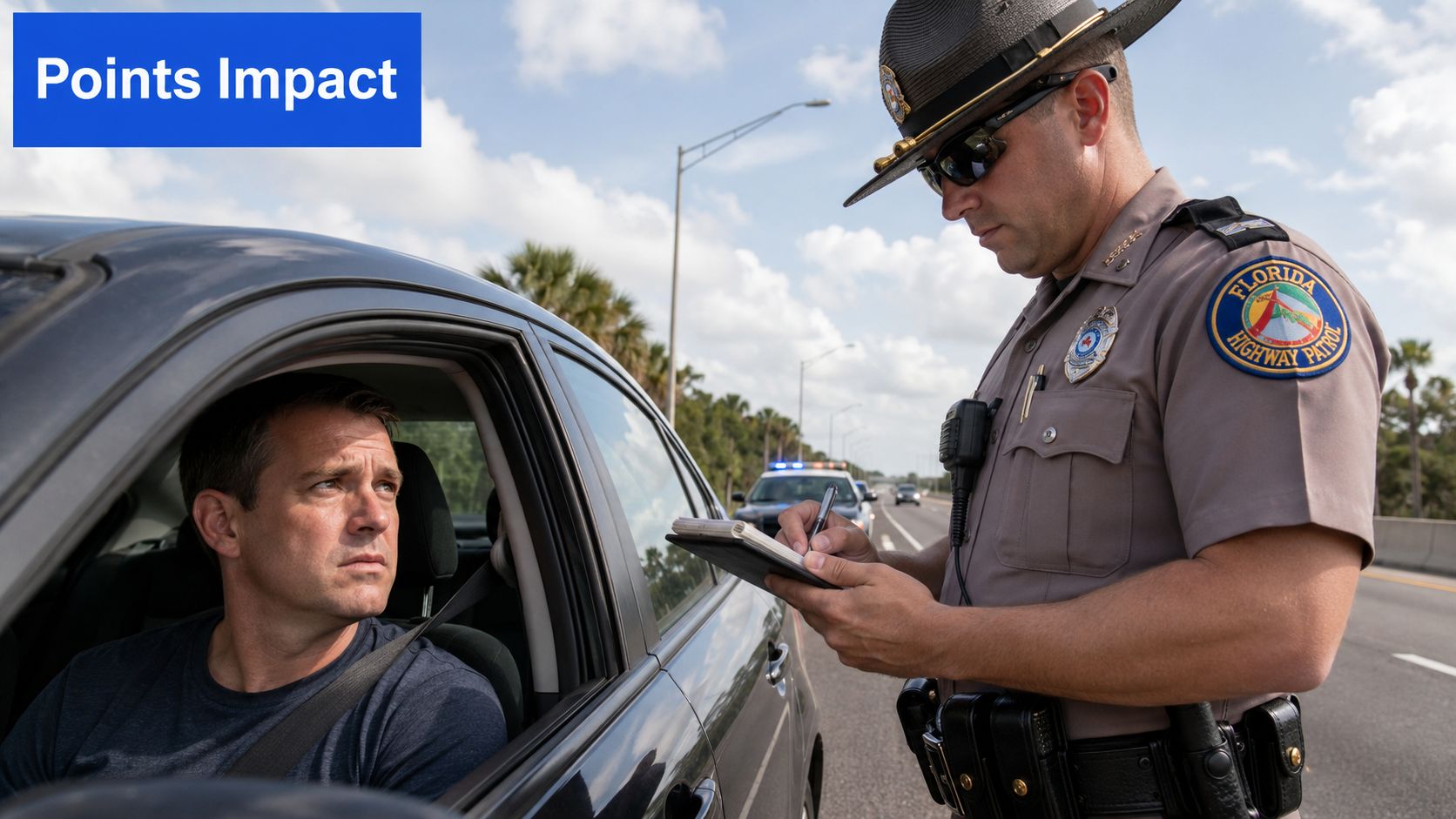 A Florida Highway Patrol officer writes a speeding ticket for a male driver pulled over on the highway.