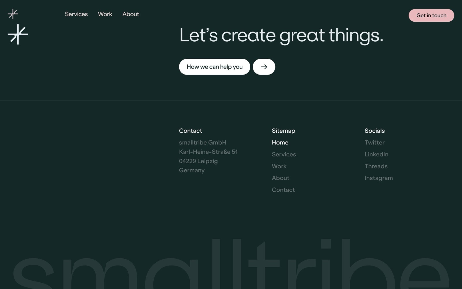 Dark website footer with "Let's create great things." Center button says "How we can help you." Links to Contact, Sitemap, and Socials.
