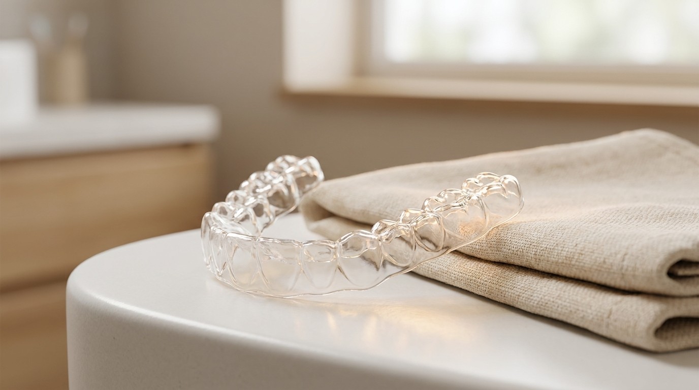 A custom whitening tray resting on a clean surface
