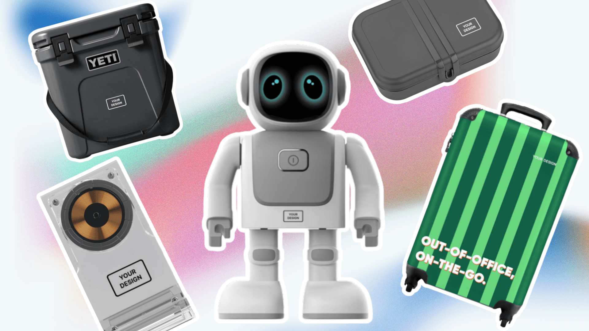 Diverse gebrande merchandise, inclusief een robotfiguur, YETI-koeler, reiskoffer, lunchtrommel en tech-accessoires op een kleurrijke achtergrond