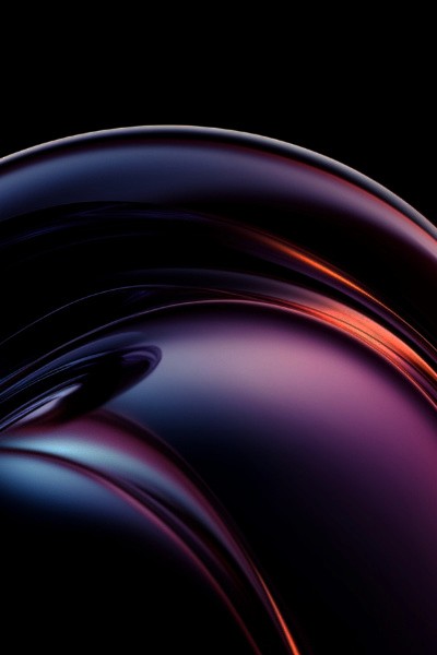 Abstract 3D fluid glass sphere with purple and orange tones on black background