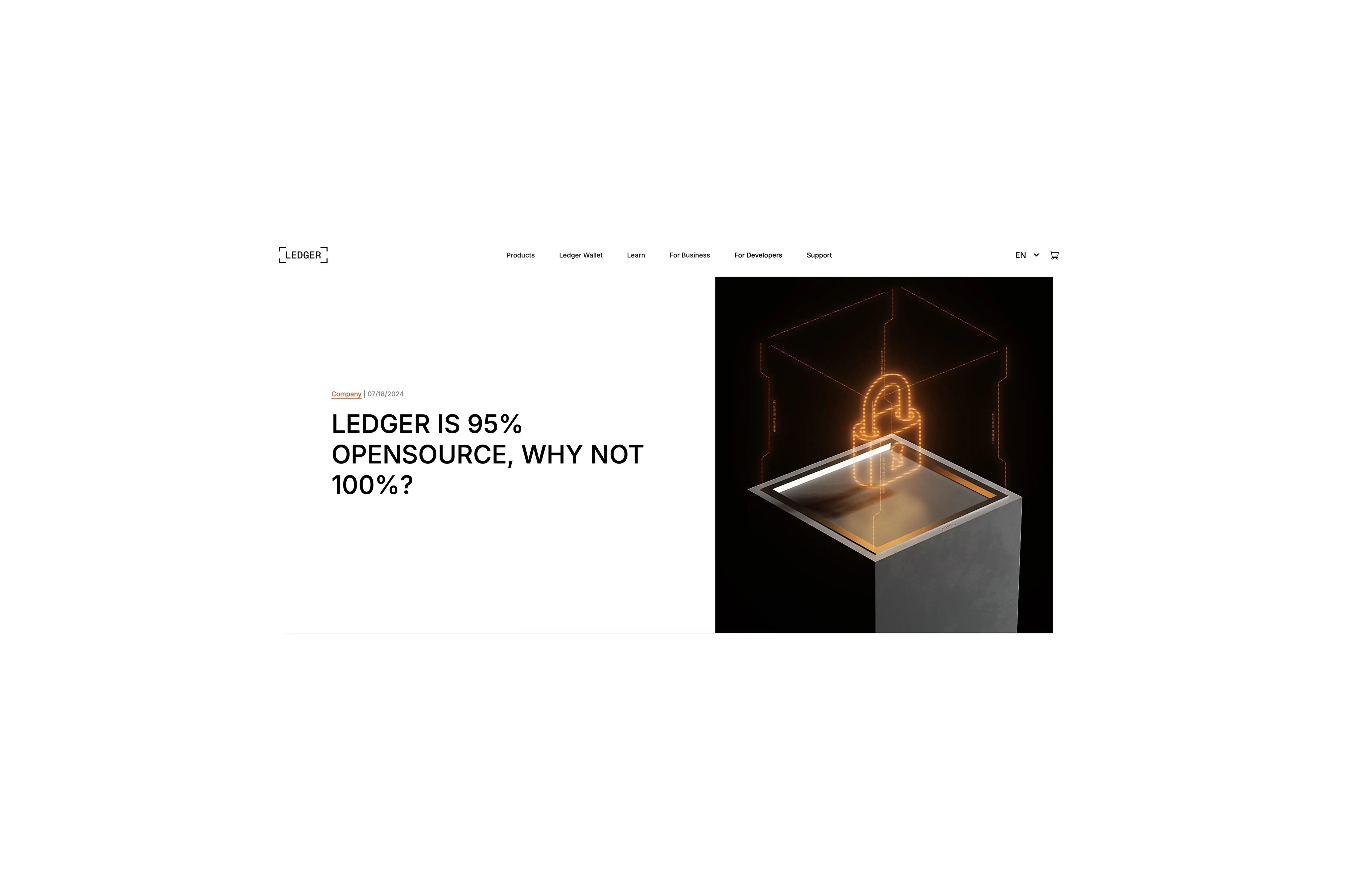 Screenshot of Ledger’s blog post titled “Ledger is 95% OpenSource, why not 100%?” showing Ledger’s explanation of why some components of its software stack remain closed source.