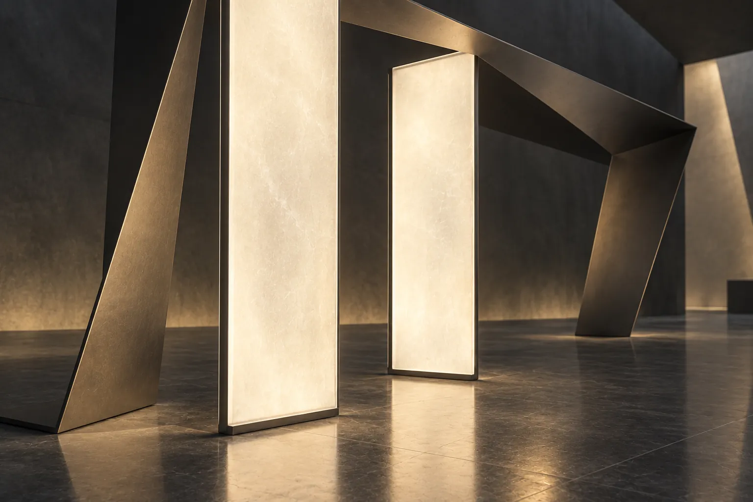 Two translucent illuminated panels with dark edges beneath a folded graphite frame.