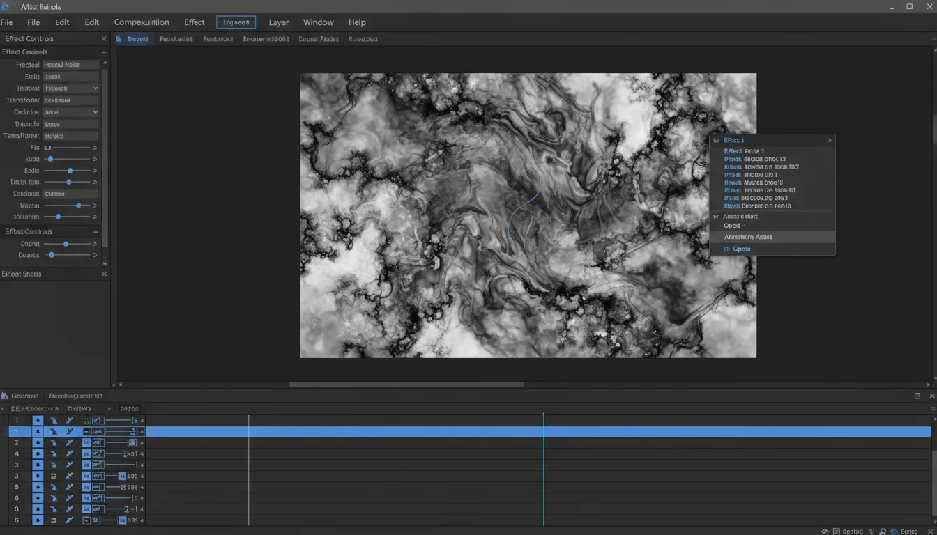 A screenshot of the Adobe After Effects software interface in a Modern Dark Mode theme. The layout features multiple panels: a main composition window displaying a detailed black and white fractal noise texture, an effects control panel on the left with sliders and parameter labels, and a video timeline at the bottom with layer UI elements. A central panel shows an open dropdown menu with a list of abstracted text lines. The UI uses a dark charcoal gray background with vibrant blue highlights for selected items, icons, and the timeline playhead.