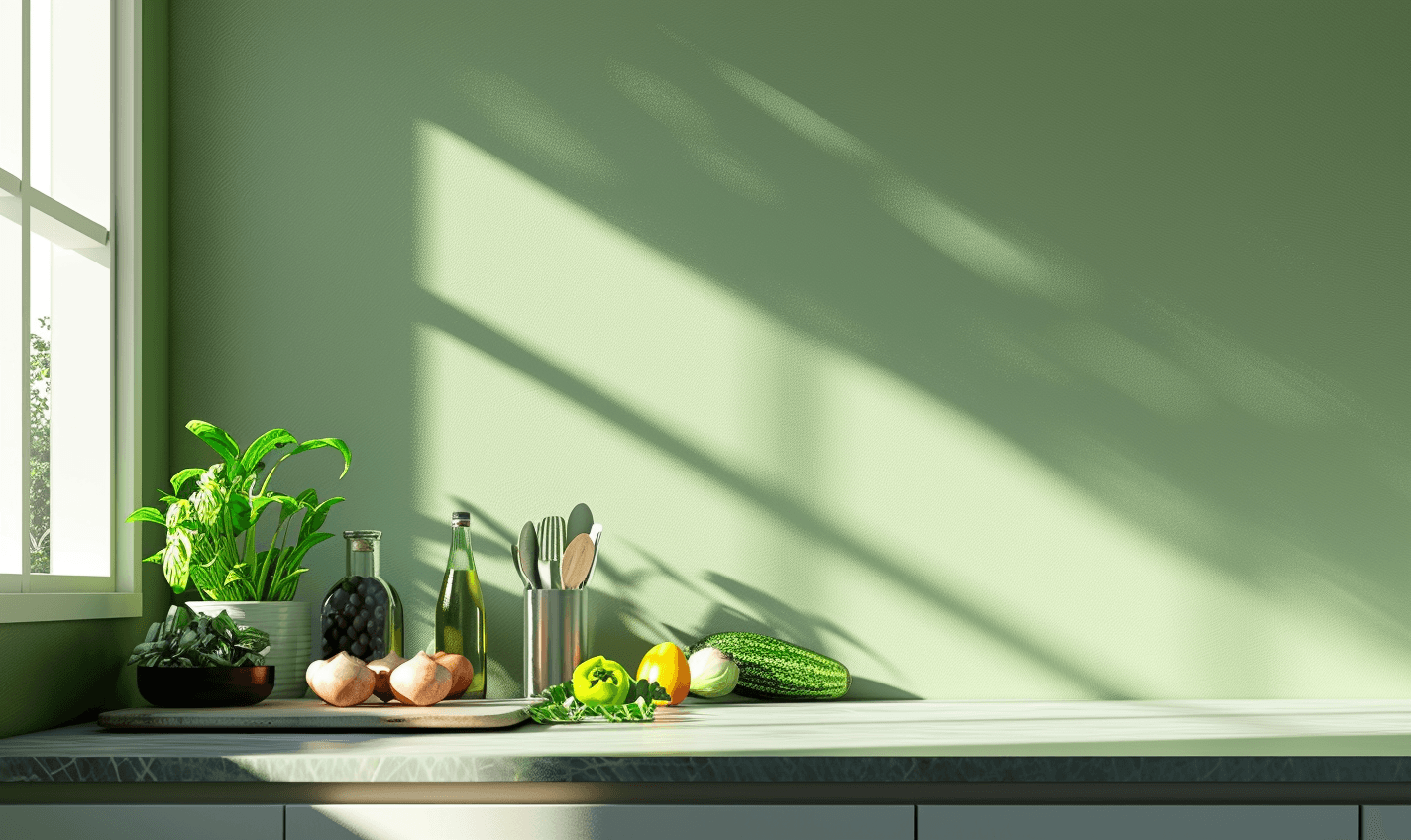Green wall with kitchen counter top and some kitchen ingredients