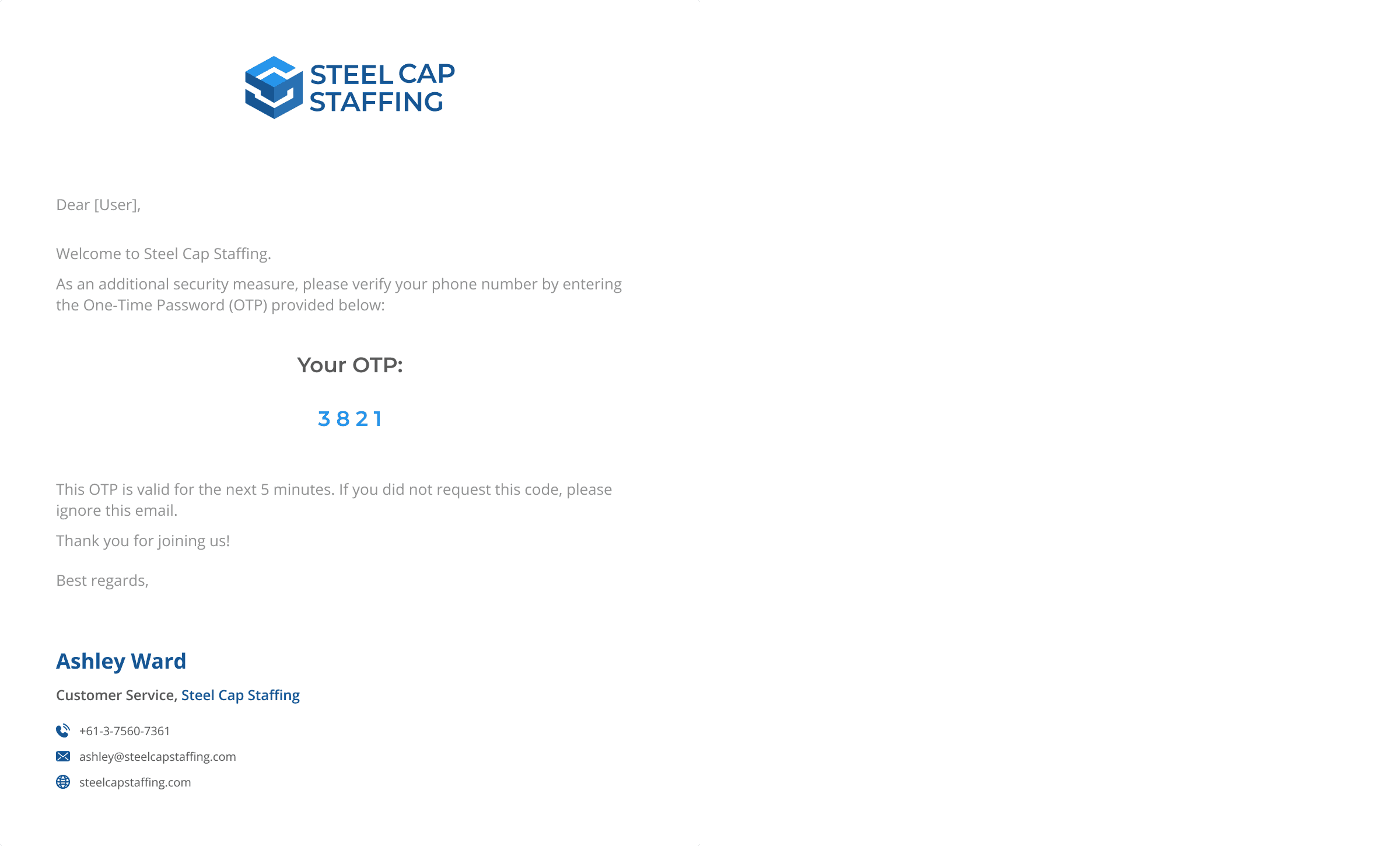 Email template showing OTP