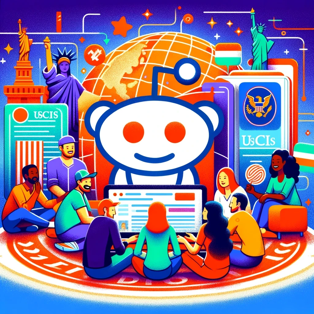 An illustration of a diverse group discussing USCIS topics on Reddit, surrounded by symbols of immigration including passports, a globe, and the Statue of Liberty, highlighting the global community's quest for knowledge and support.