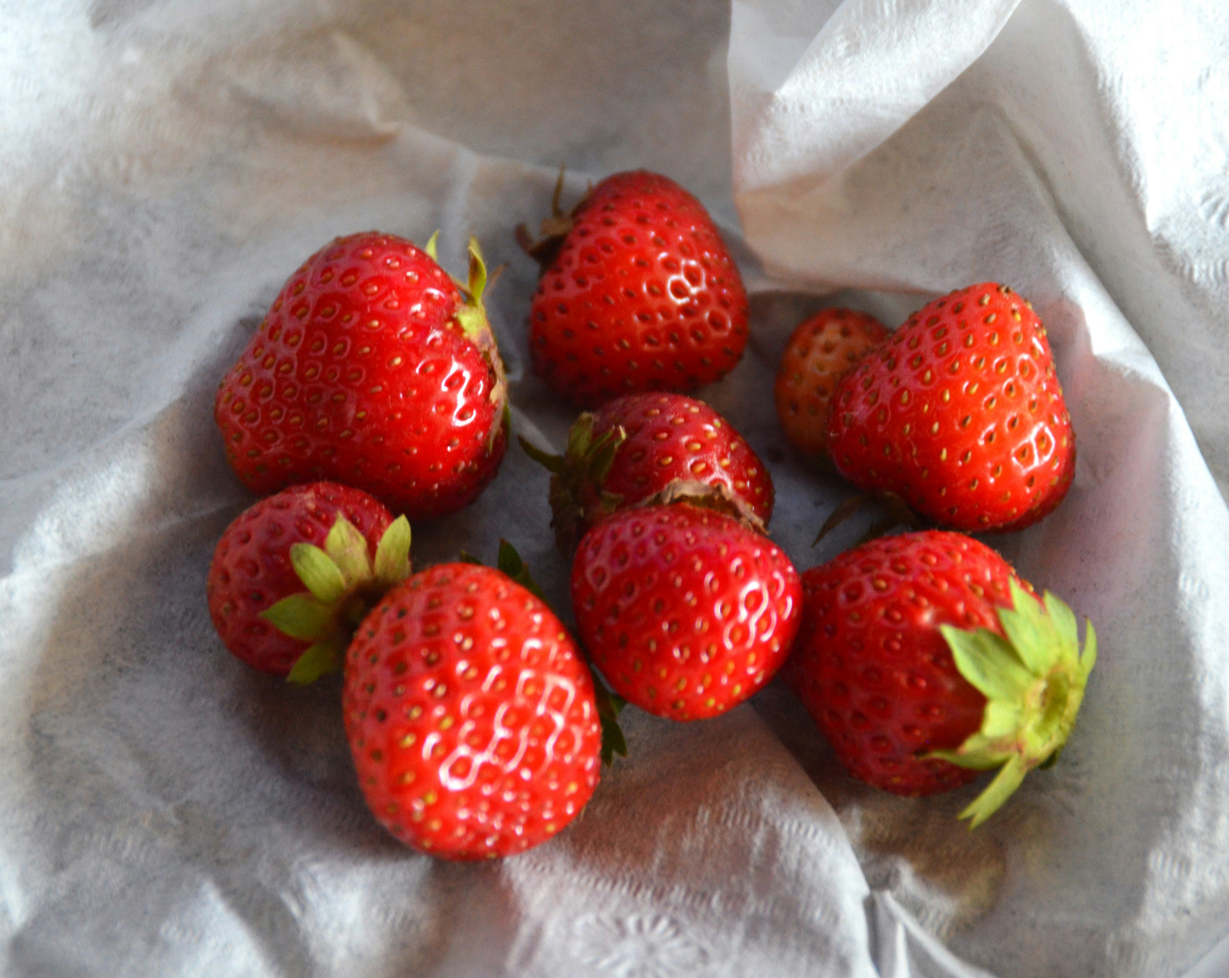 Fresh, red strawberries rest on crumpled white paper.