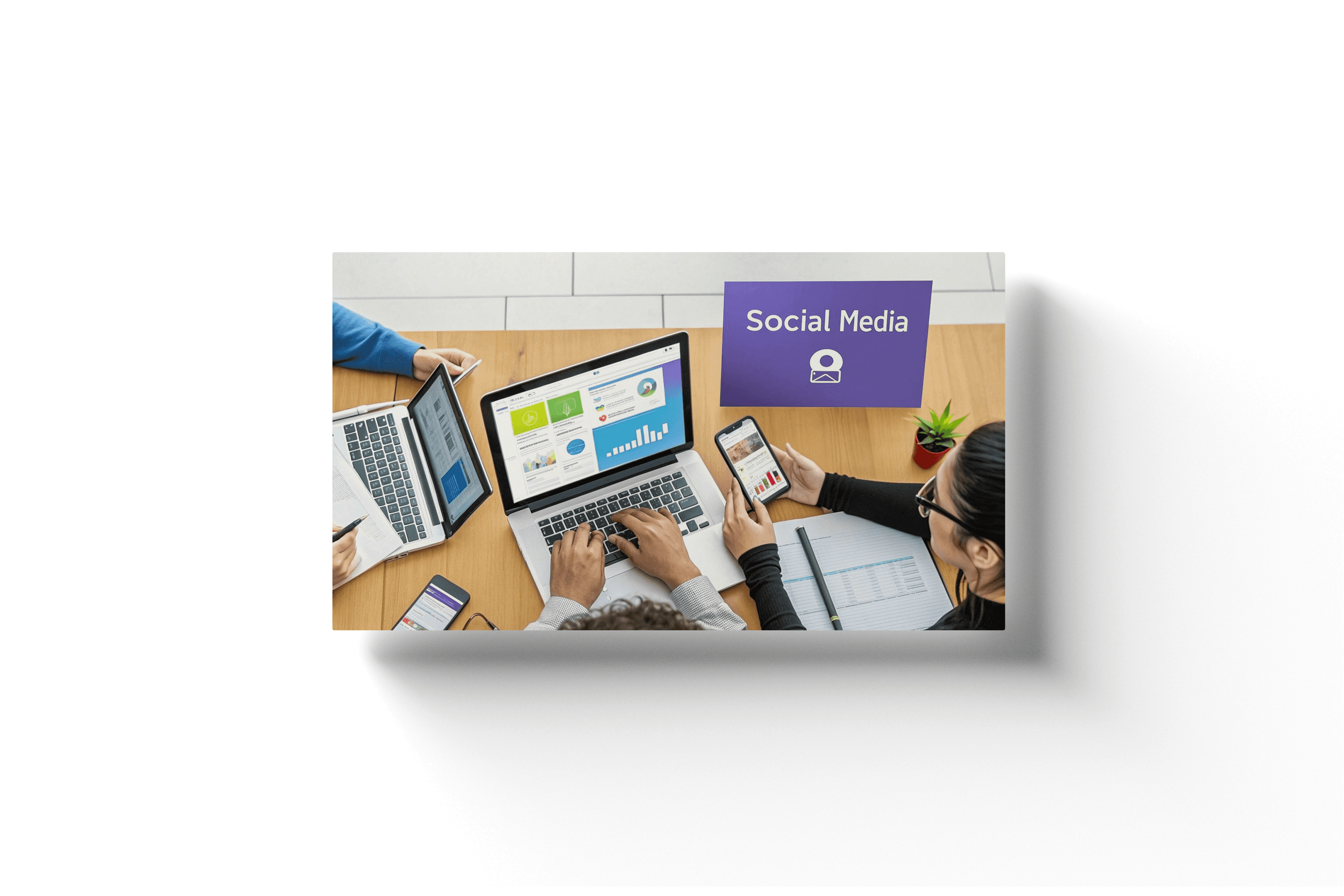 a group of people working on a laptop and phone to manage a social media account
