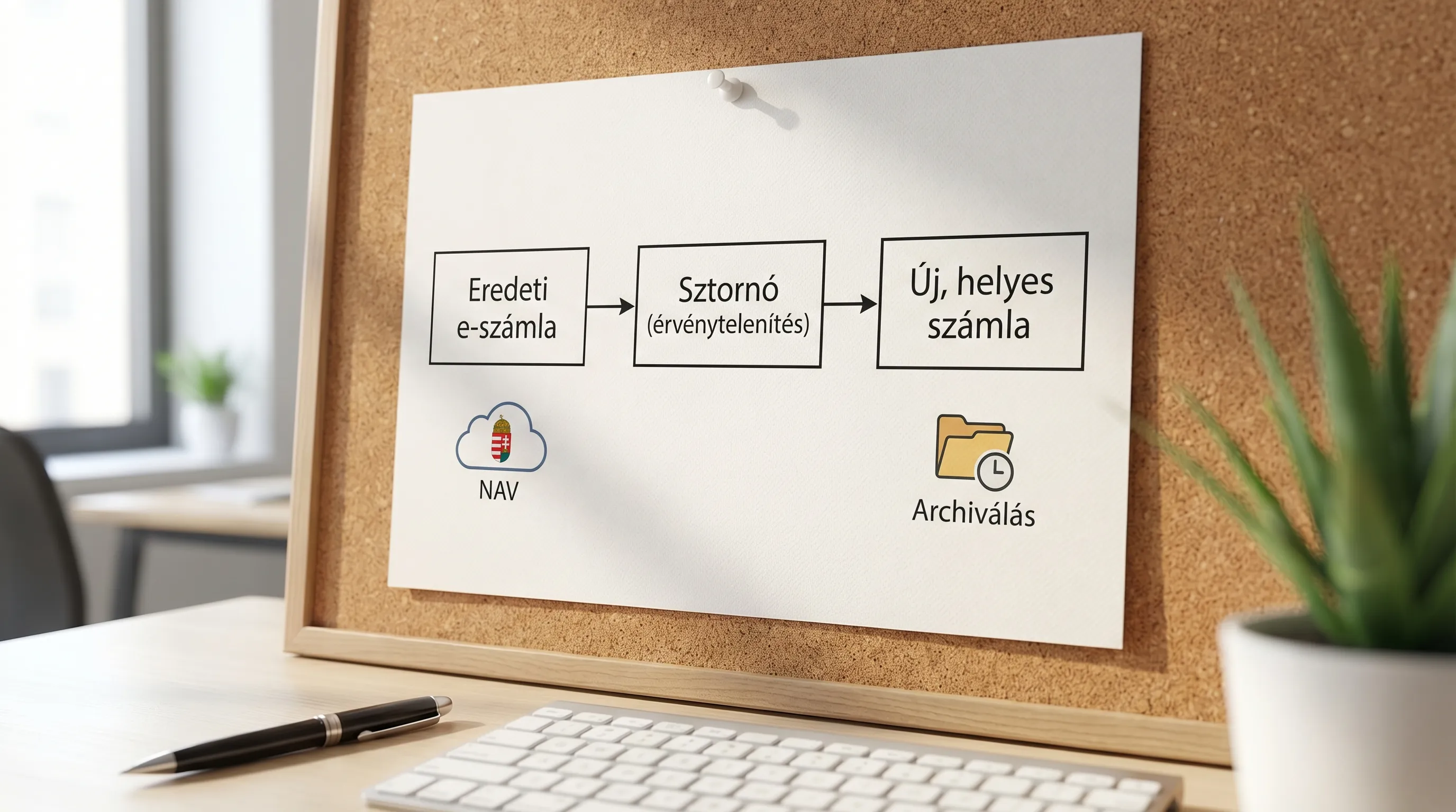 Egyszerű folyamatábra három dobozzal: Eredeti e-számla -> Sztornó (érvénytelenítés) -> Új, helyes számla. A dobozok alatt kis piktogramok jelzik a NAV adatszolgáltatást és az archiválást.