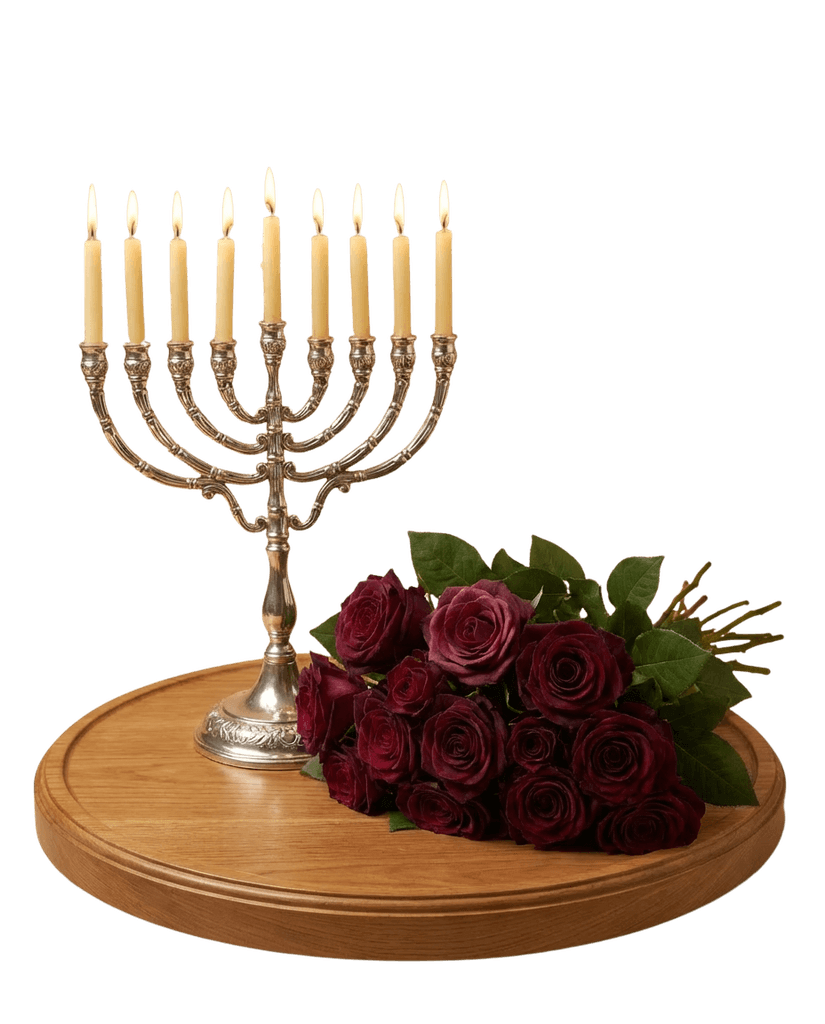 A woman sits cross-legged with eyes closed, wearing a white blouse and a long purple skirt, looking serene.