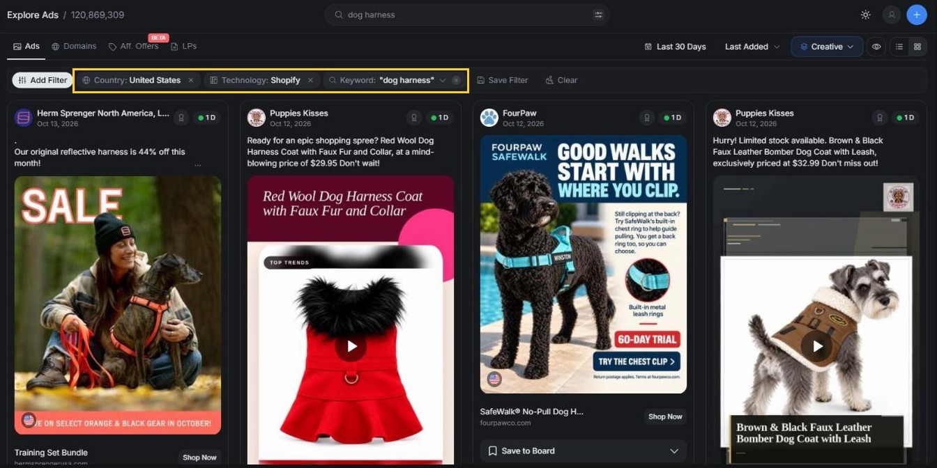 AdPlexity Social, Explore, Ads, filtered to Country: United States, Technology: Shopify and the keyword dog harness