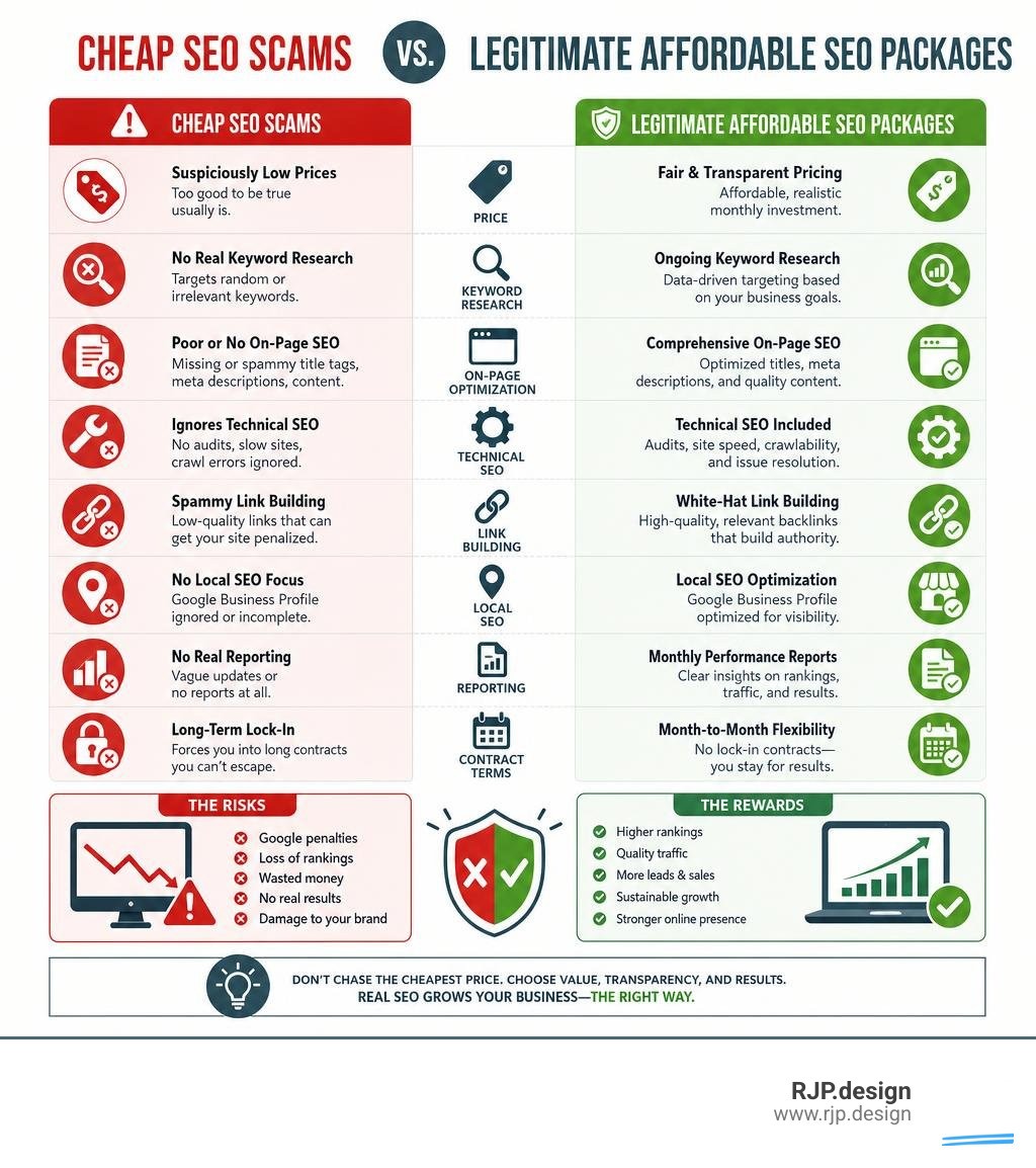 Infographic comparing cheap SEO scams versus legitimate affordable SEO packages by features and risks infographic