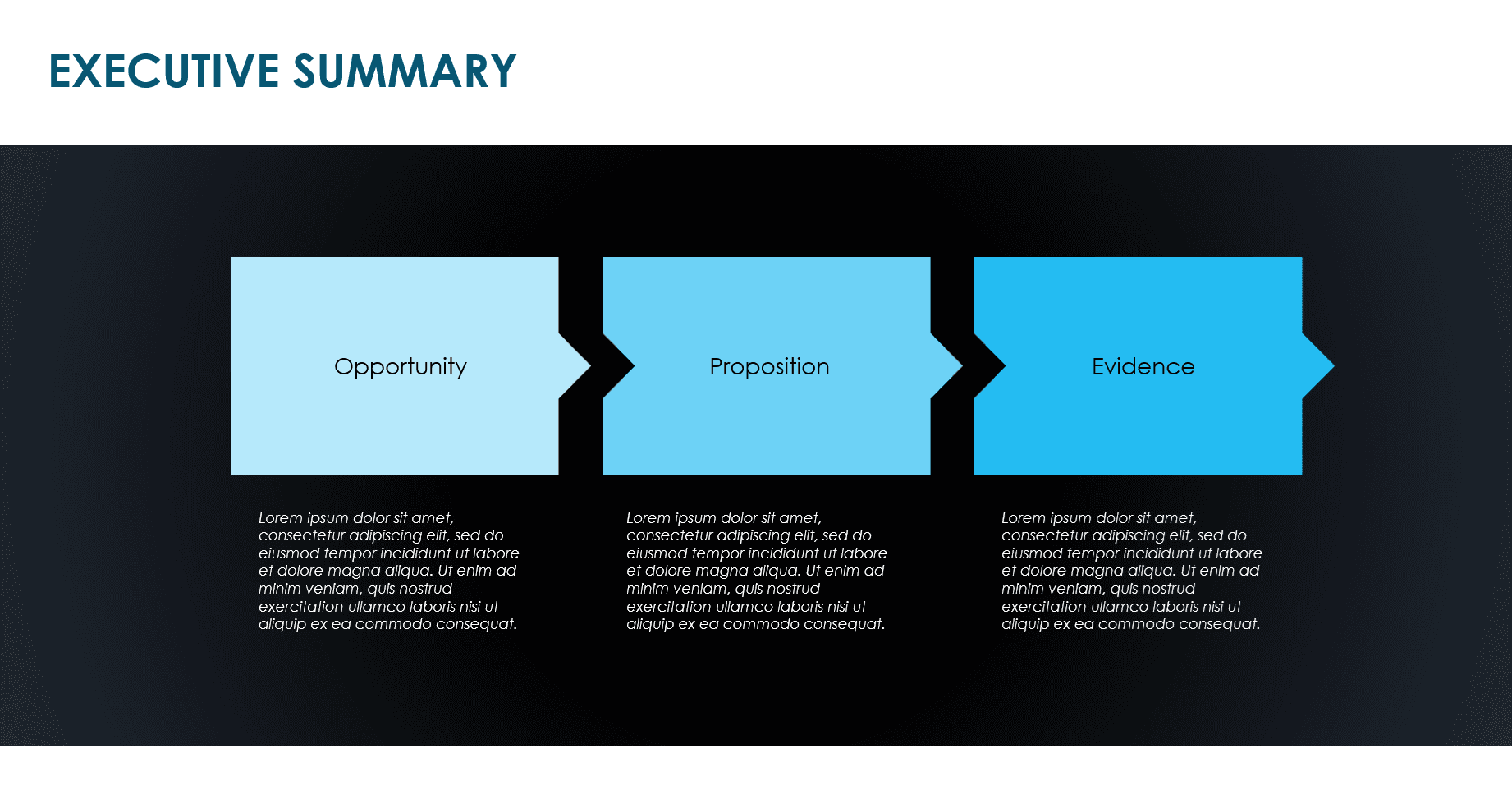 This slide presents a more dynamic, directed version of the executive summary