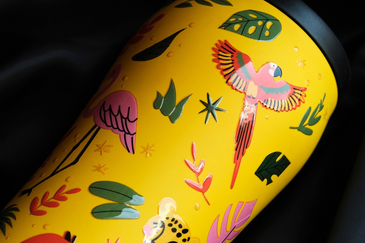 Corporate merch, souvenir products, travel mugs, uv dtf stickers for Corporate client printed on plastic with uv dtf printing.