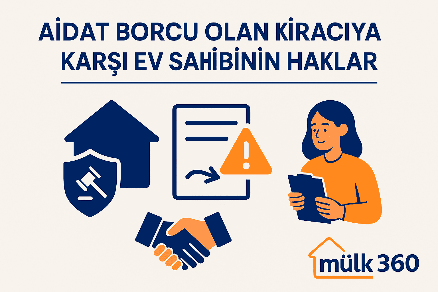 Mülk360 ‘Aidat Borcu Olan Kiracıya Karşı Ev Sahibinin Hakları’ görseli; adalet çekici simgeli ev ikonu üzerinde koruma kalkanı, uyarı işaretli belge, el sıkışma ikonu ve clipboard tutan ev sahibi figürü.