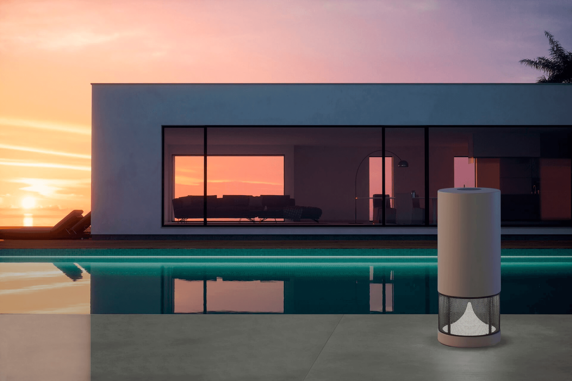 Modern building with pool at sunset, outdoor lantern