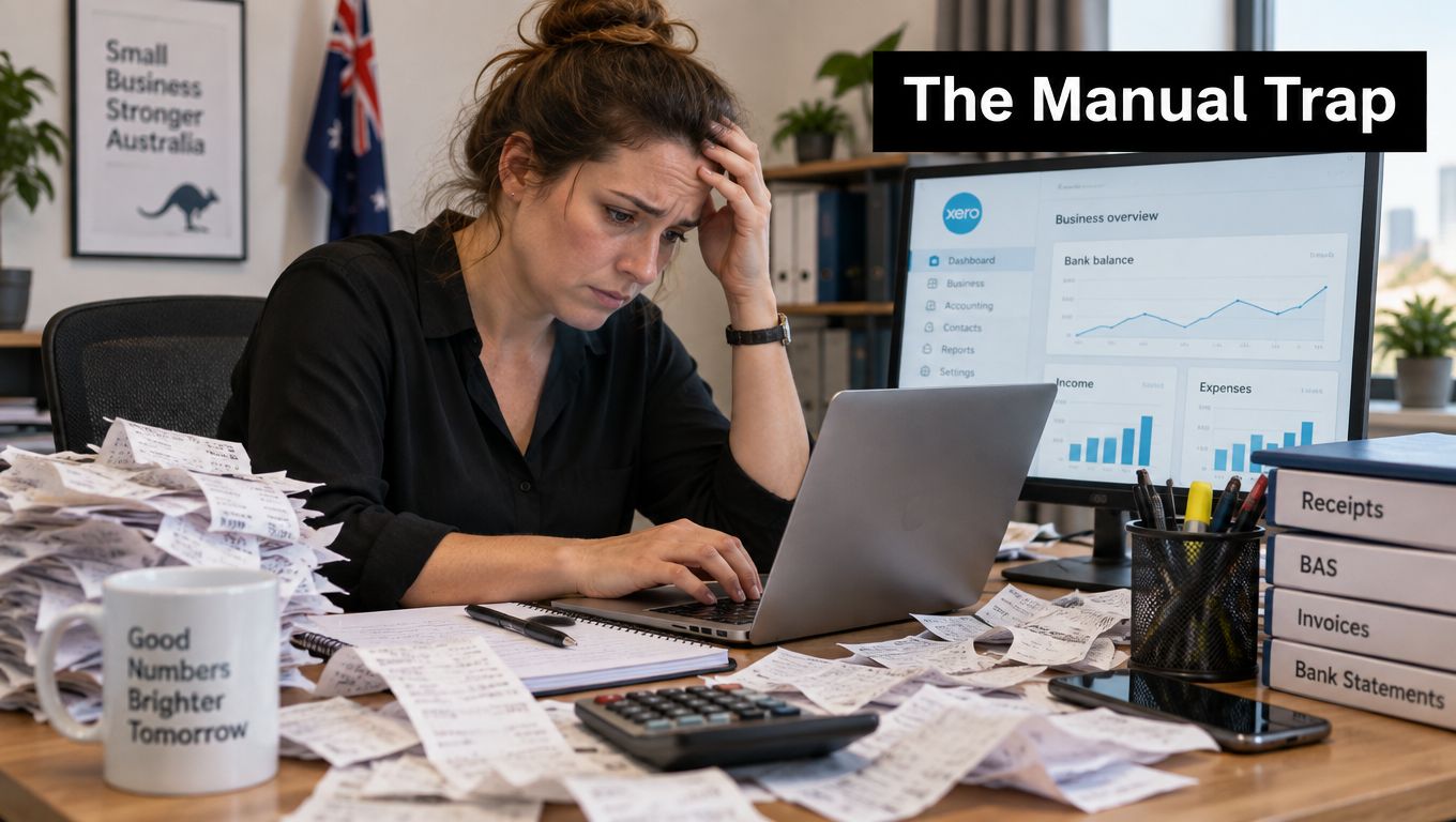 A stressed woman working at her cluttered office desk surrounded by numerous paper receipts and invoices.