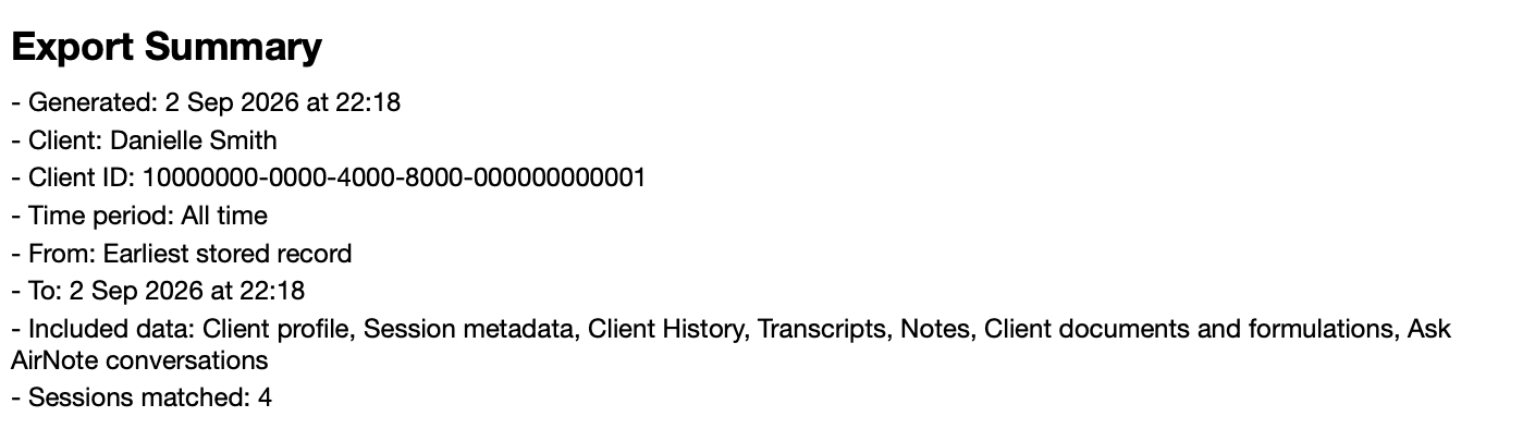 The exported document's Export Summary showing Danielle Smith, All time, the seven selected data types and four matching sessions.