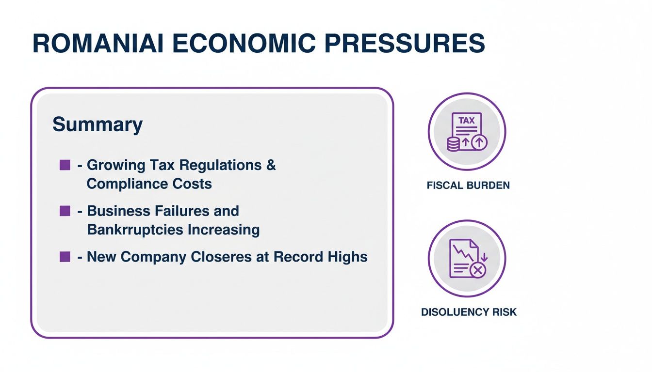 Infographic detailing Romanian economic pressures, including growing tax regulations, business failures, and insolvency risks.