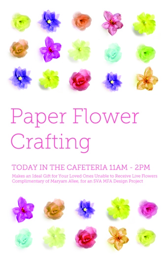 paper flower crafting event poster with vividly colored small paper flowers in yellow, red, purple, pink, blue, etc
