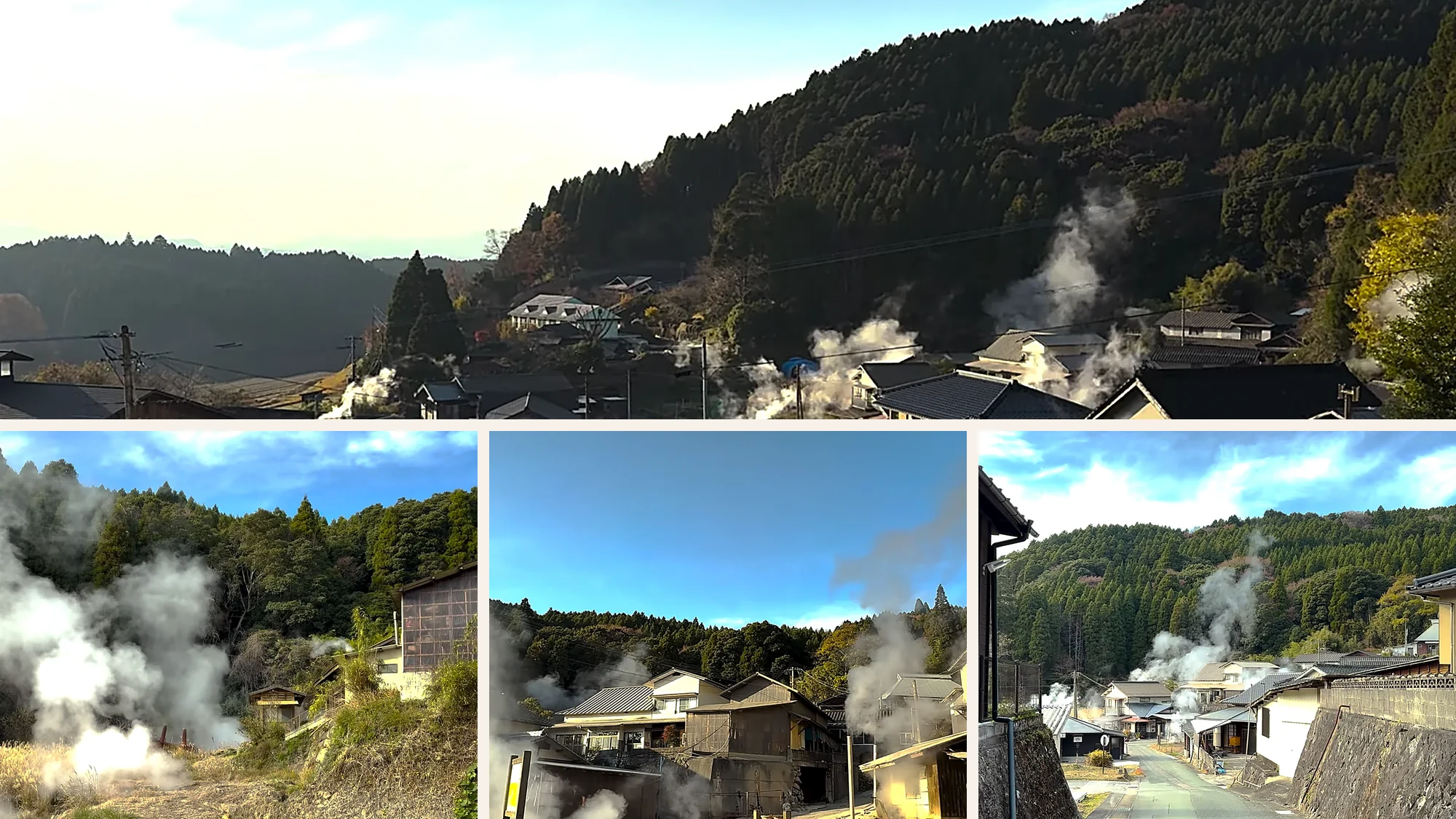 Geothermal steam venting through the village at Waita near Kurokawa Onsen, seen wide at golden hour and in three closer views