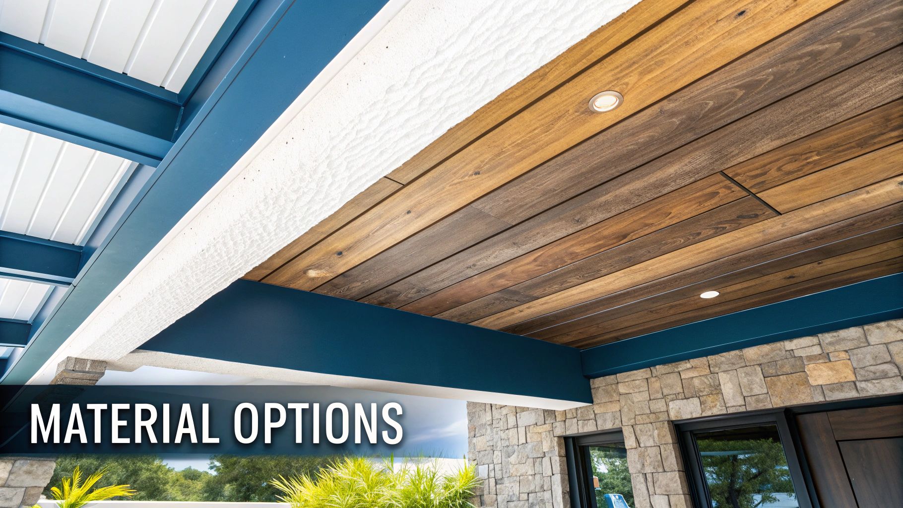 Modern outdoor ceiling with wood planks, white panels, blue beams, and stone wall details.