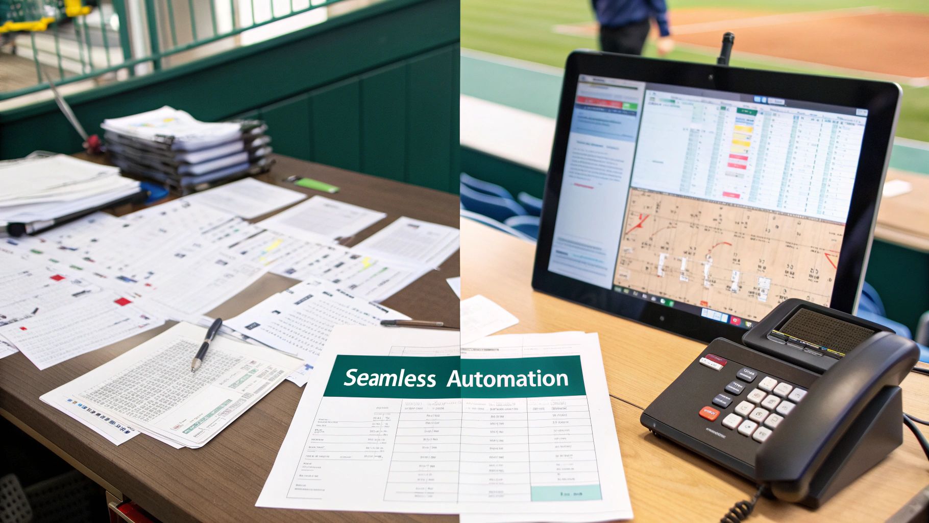 Desk with manual paper records contrasting with a laptop and phone, highlighting seamless automation for sports.