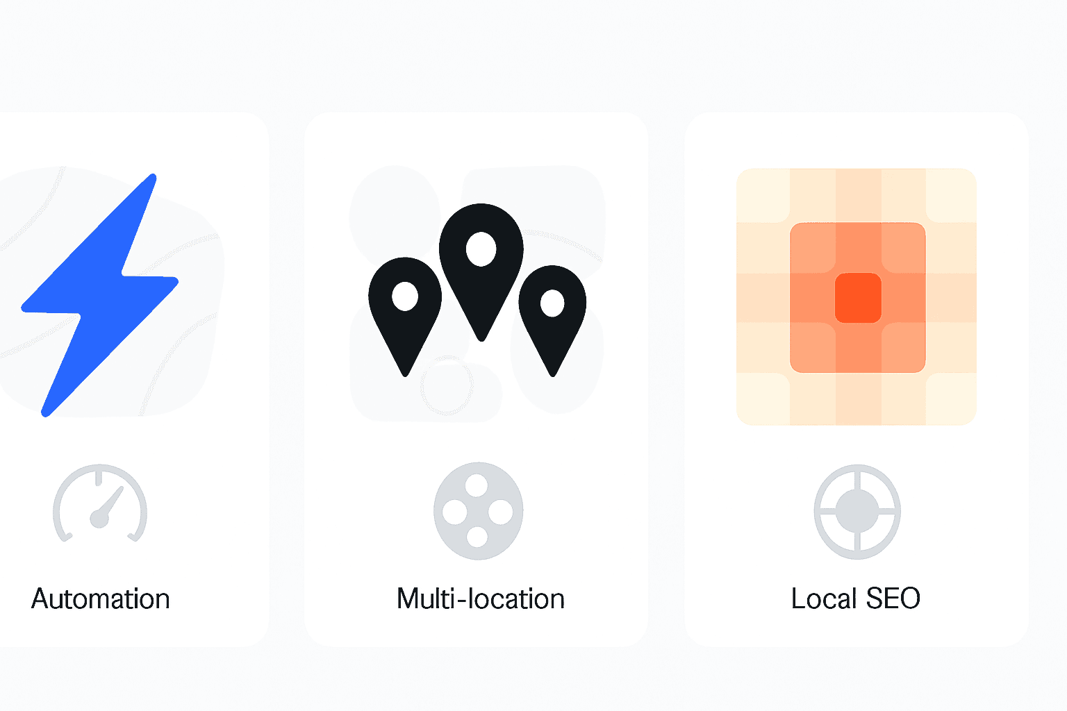 Abstract comparison of three GEO platforms showing automation speed, multi-location coverage, and local SEO focus.
