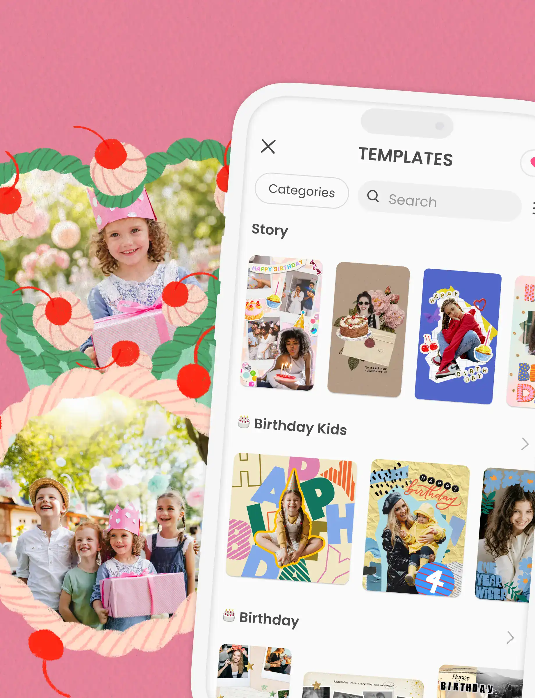 PicCollage app screen showing the Templates menu with birthday card options for picking a starting design
