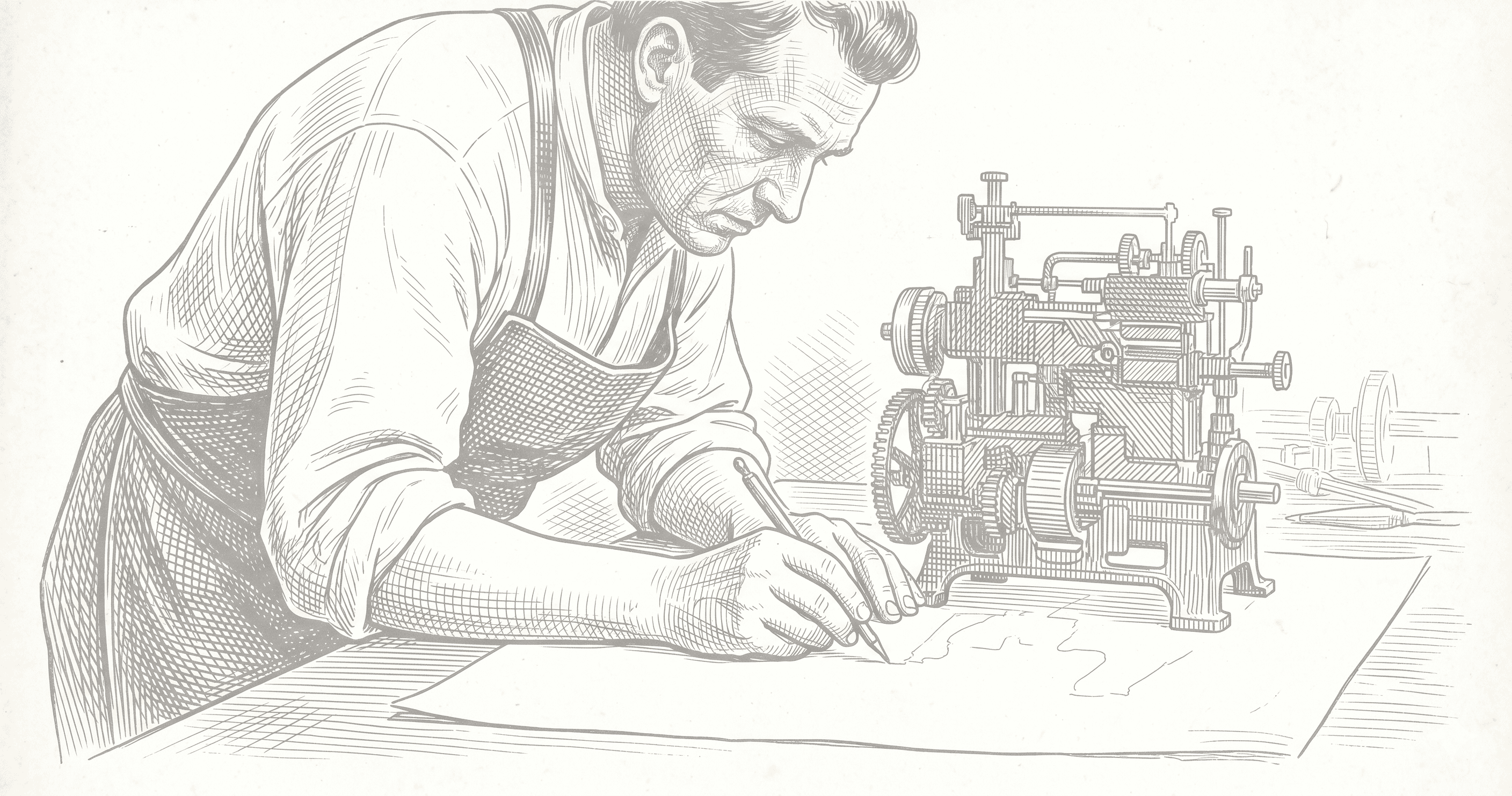 A detailed, finely detailed, cross-hatched engraving in shades of grey shows a focused, middle-aged man in a work apron and a rolled-up sleeve shirt, leaning forward over a drawing. He has his hands on a paper, in the foreground, with a pen, looking in a contemplative mood at a complex mechanical machine that's next to him on the table.