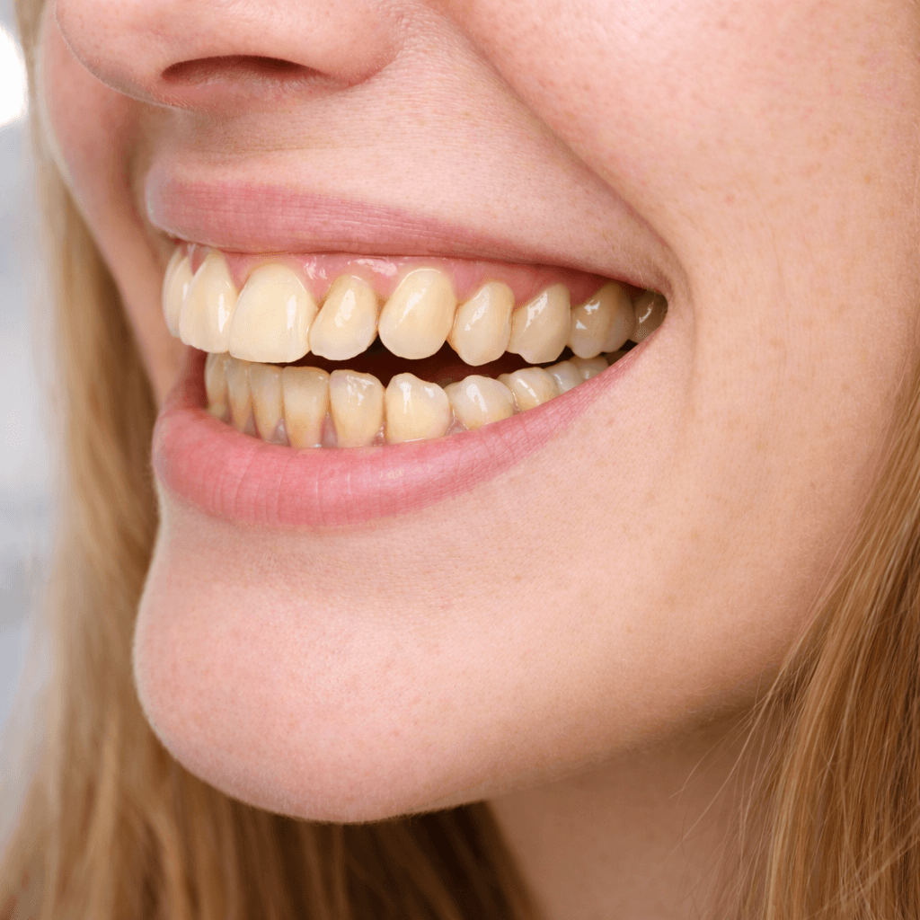Close-up of smile showing yellowed teeth