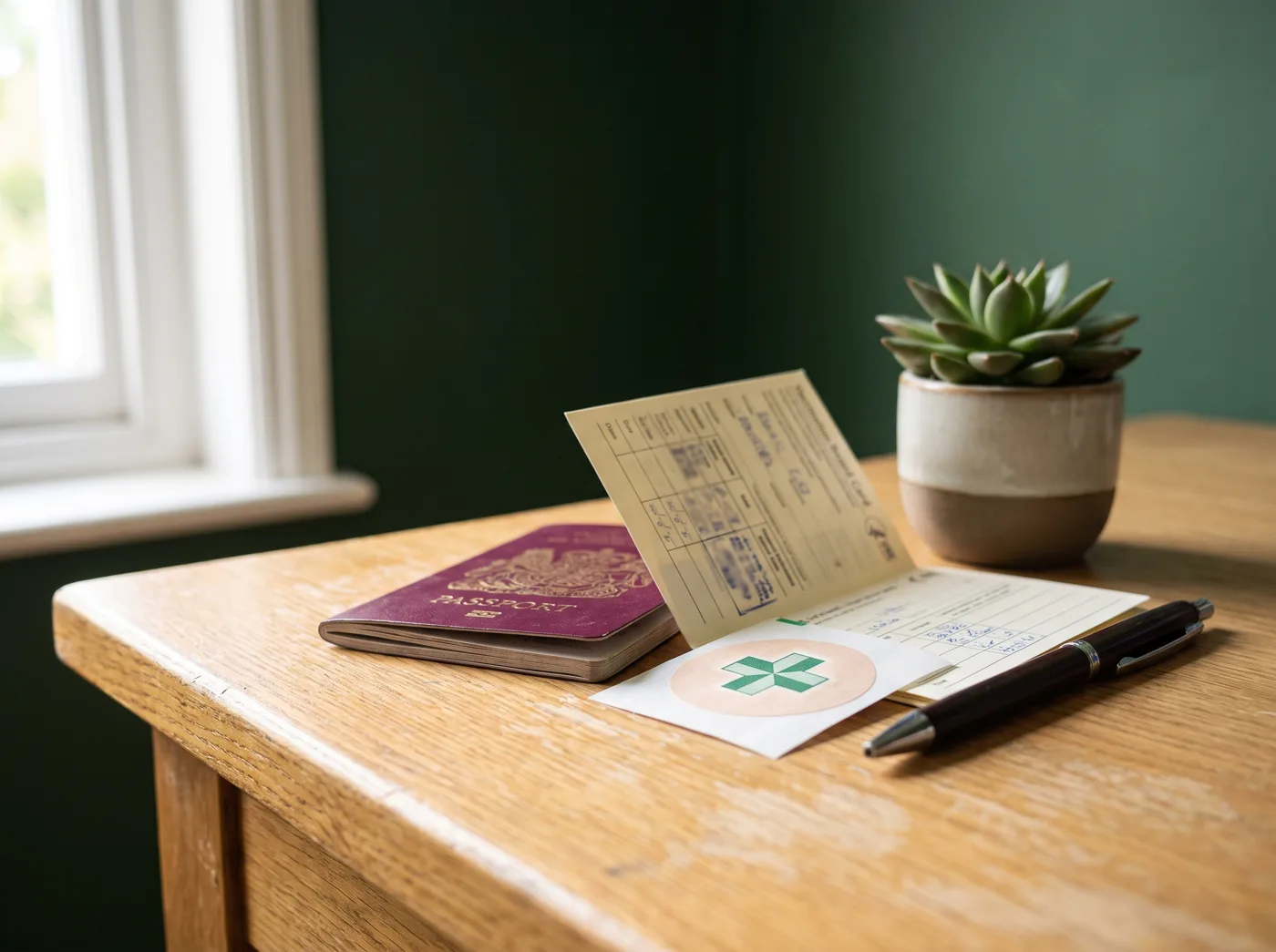 A vaccination record card and travel documents on a desk at the clinic