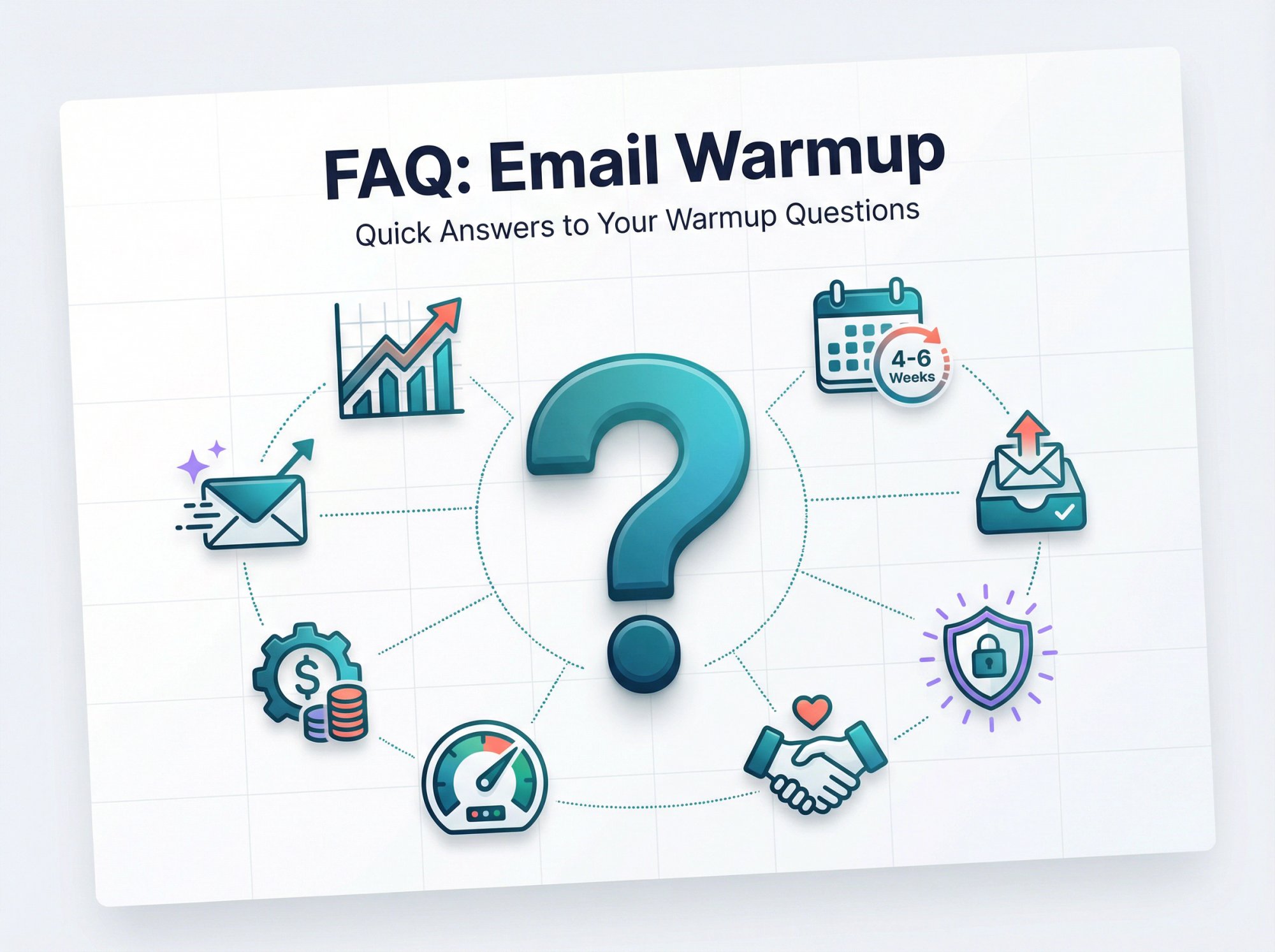 Email warmup frequently asked questions hero visual featuring question marks with timeline, inbox, and deliverability icons