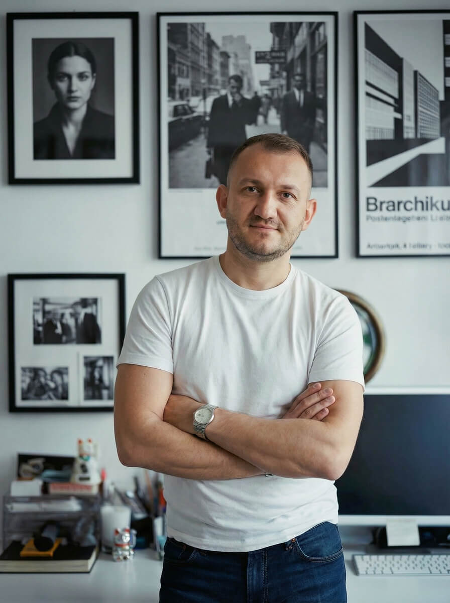 Senior UX designer standing with crossed arms in a studio workspace, reflecting experience in product design, design systems, and UX leadership.