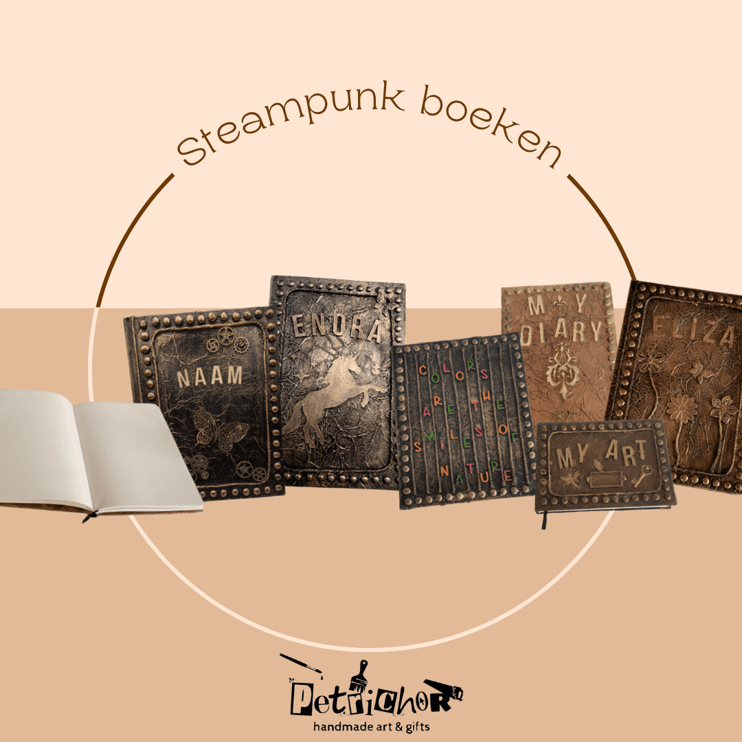 Steampunkboeken en logo van Petrichor