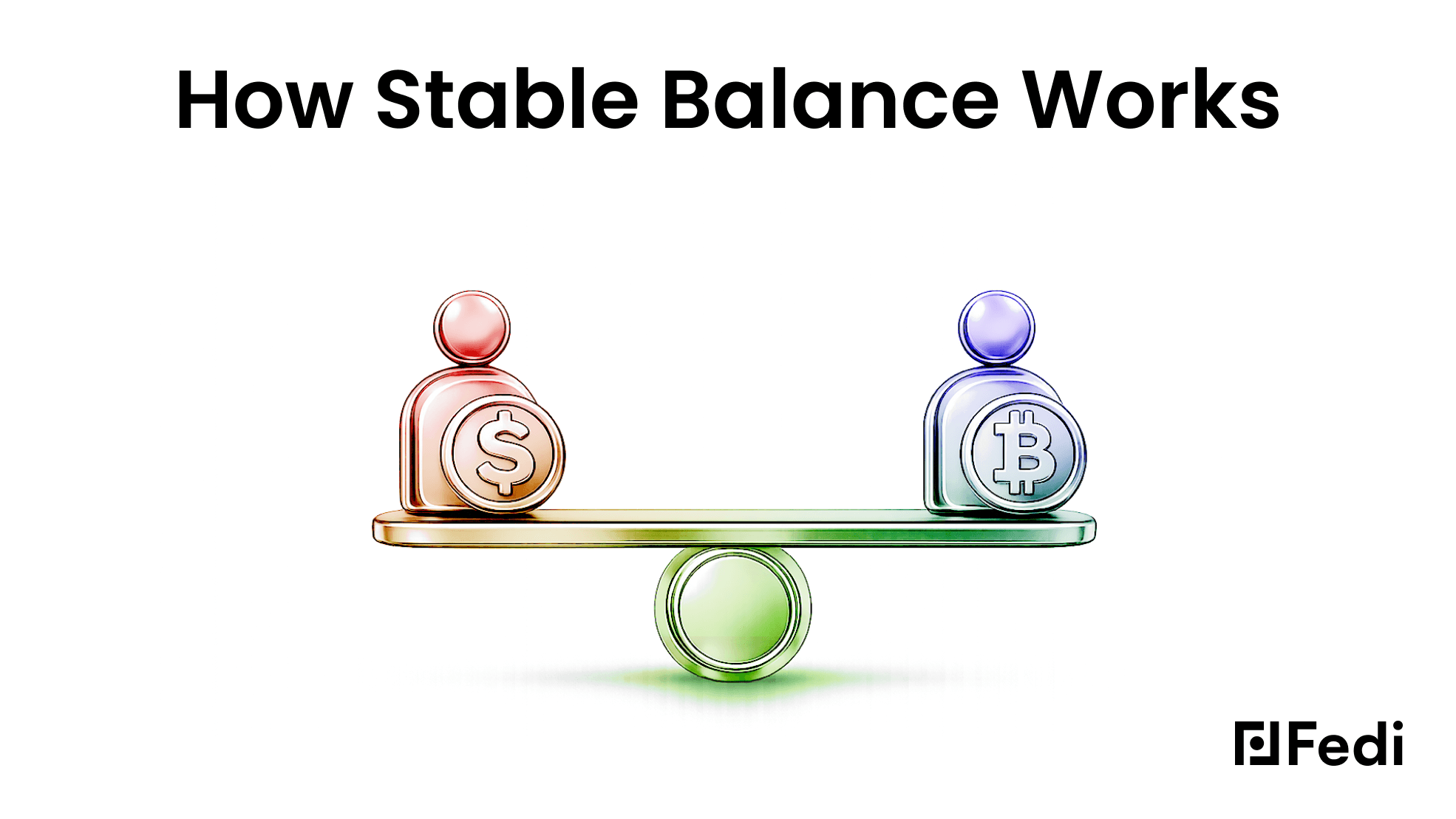Fedi Stable Balance – a balanced scale with a fiat dollar user and a Bitcoin user, representing the Seeker and Provider pairing in Fedi's Stability Pool