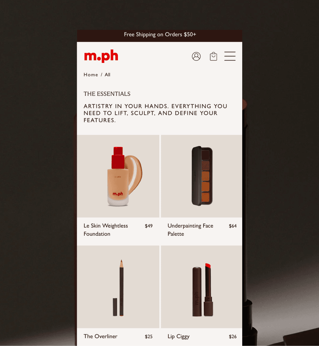 m.ph beauty mobile storefront displaying makeup products and collections