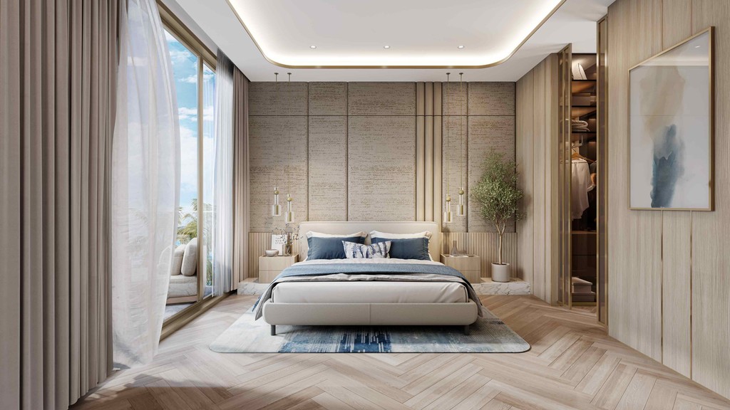 A modern bedroom featuring a bed and a large window, showcasing the ambiance of Sunset Bay Grand.