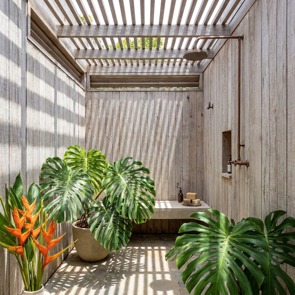 An outdoor shower area enclosed by sun-bleached wood walls, surrounded by large tropical leaves and orange birds-of-paradise flowers, with sunlight filtering through the wooden slats.