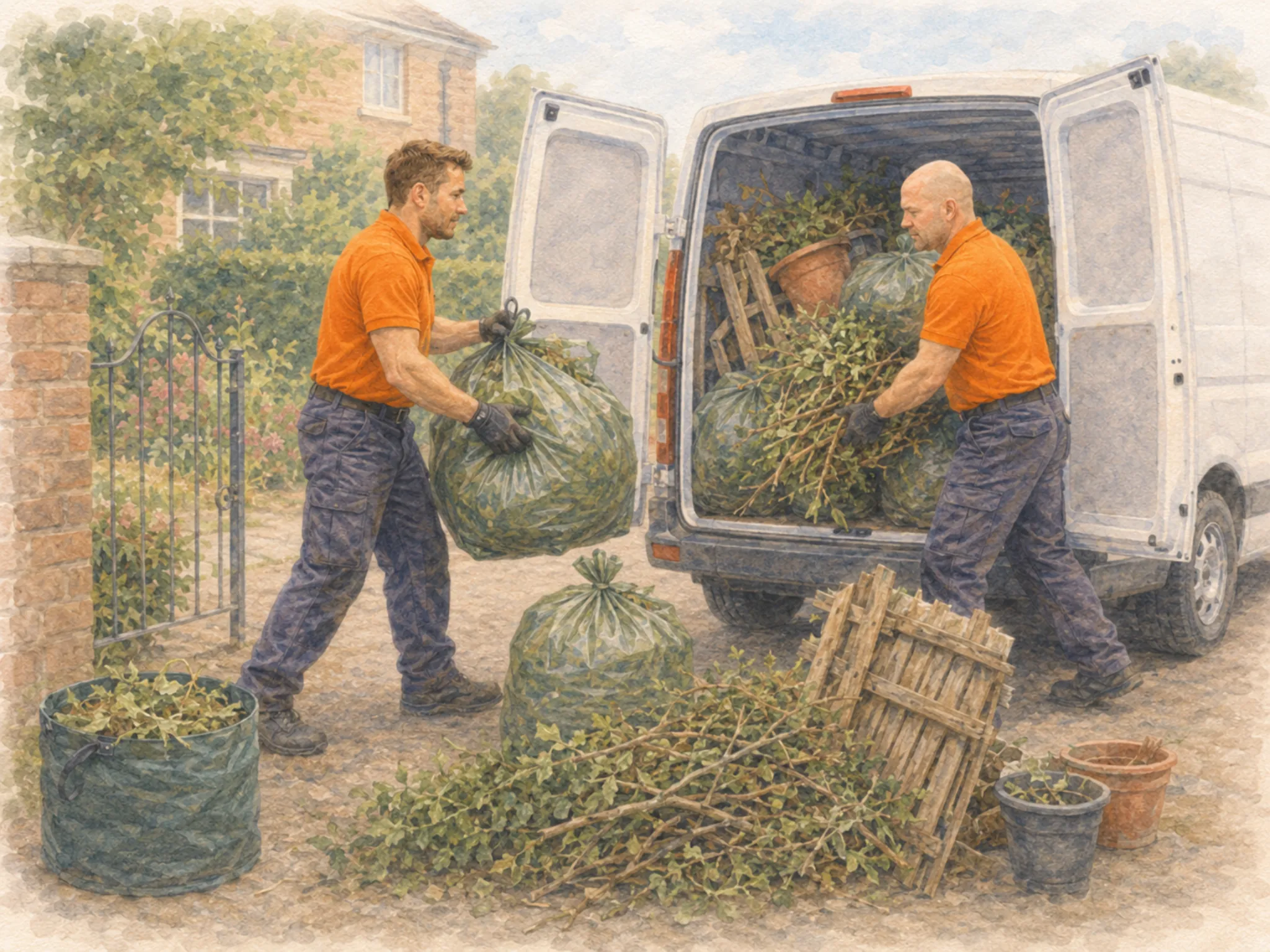 garden waste and old plant pots are loaded into a van raedy for disposal