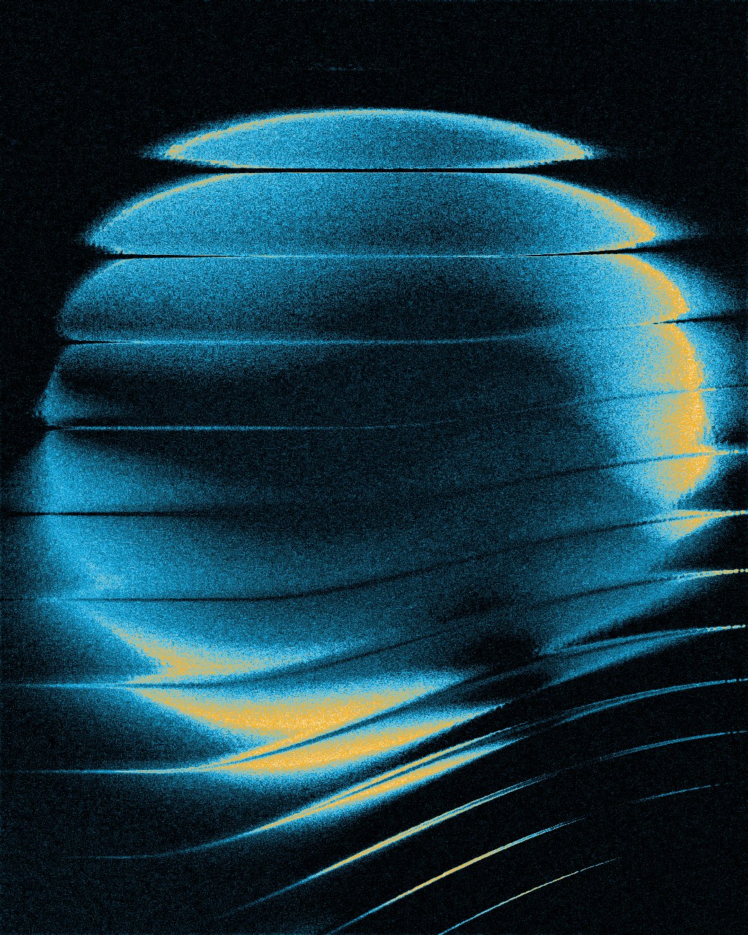 Abstract digital art featuring a glowing blue and yellow circular form with horizontal and curved streaks, giving the appearance of motion or distortion. The texture and color gradient evoke a cosmic or futuristic feel, reminiscent of a planet or energy field.