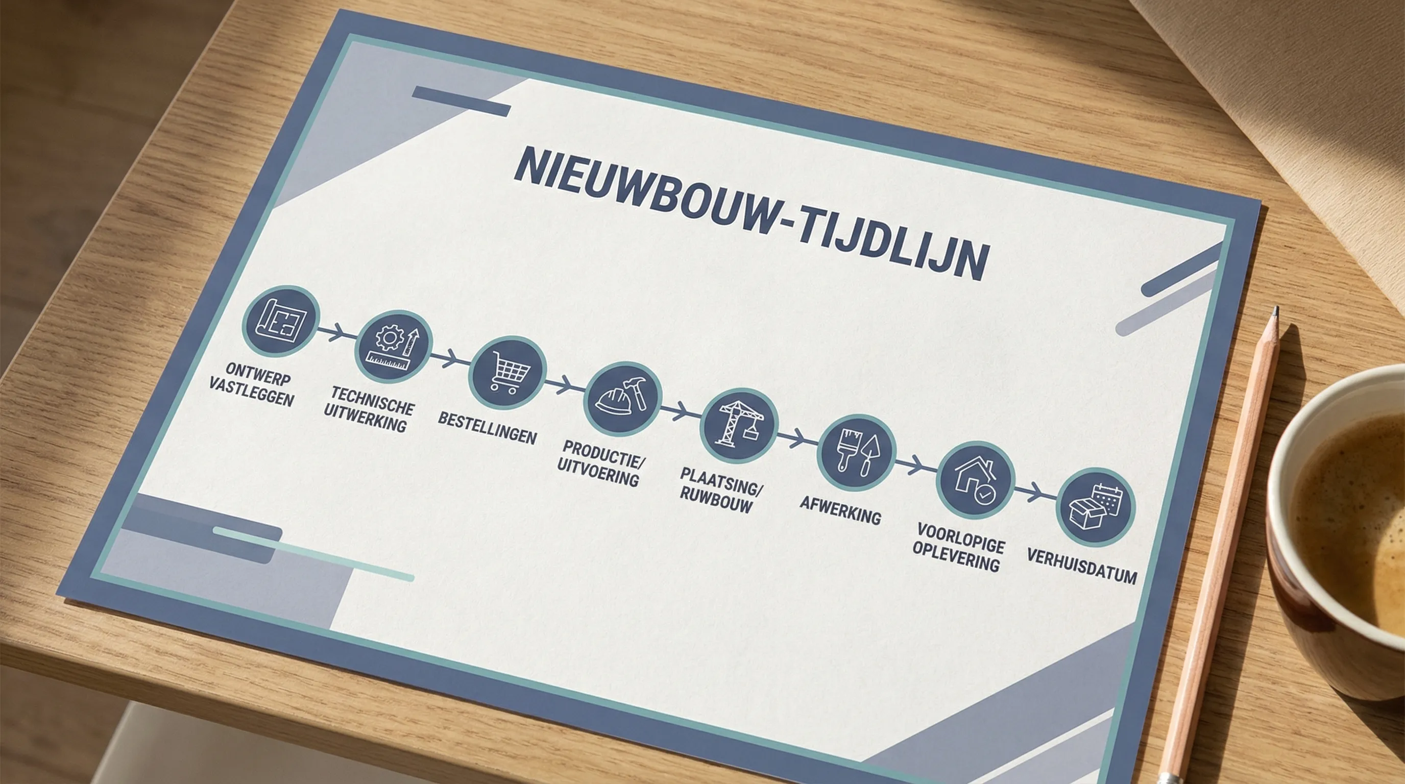 Infografiek met een eenvoudige nieuwbouw-tijdlijn met mijlpalen: ontwerp vastleggen, technische uitwerking, bestellingen, productie/uitvoering, plaatsing/ruwbouw, afwerking, voorlopige oplevering, verhuisdatum.