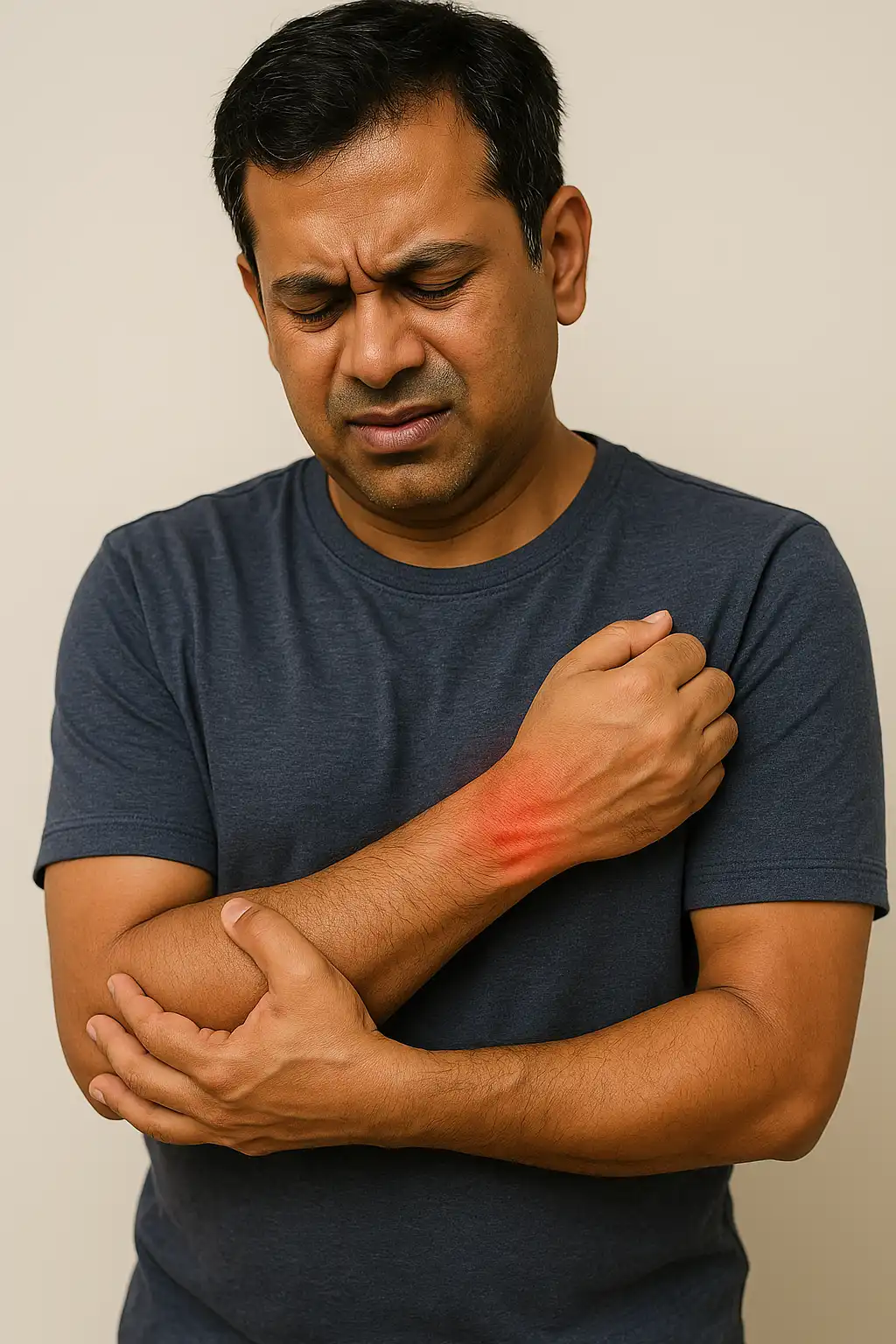 A man holding his forearm and wrist with visible redness, showing discomfort caused by repetitive strain or overuse injury.