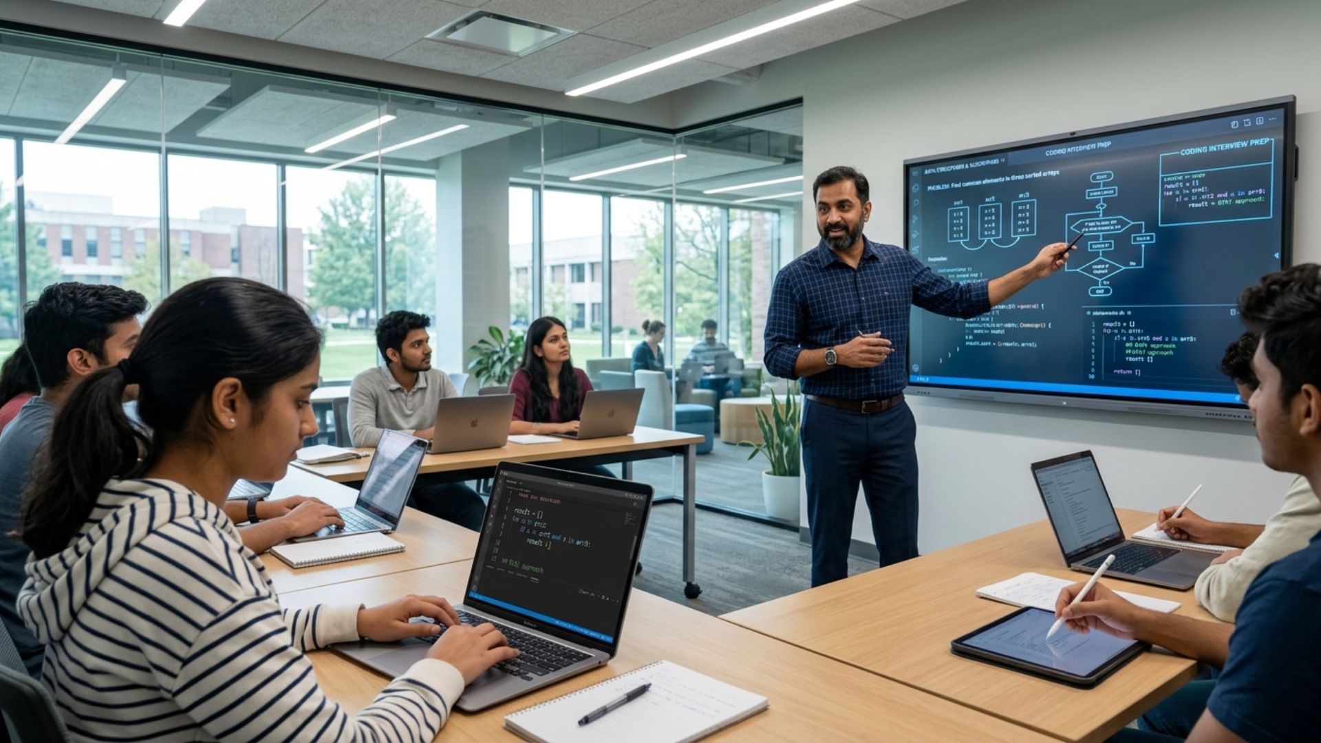 Students in a modern computer science classroom at colleges that prepare for tech jobs.