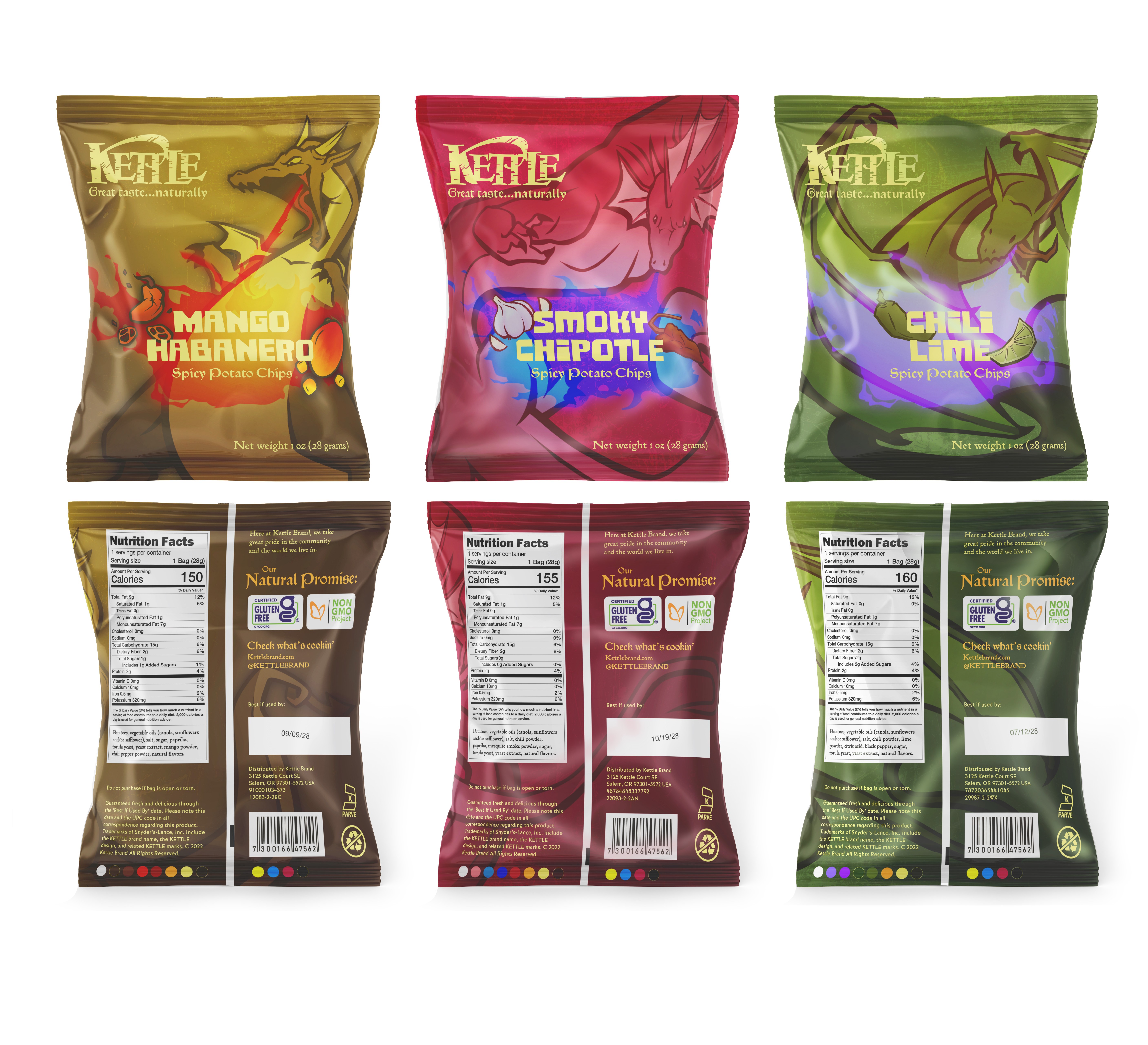 Spread of both front and back sides of all three bag designs, mocked up on chip bag templates.